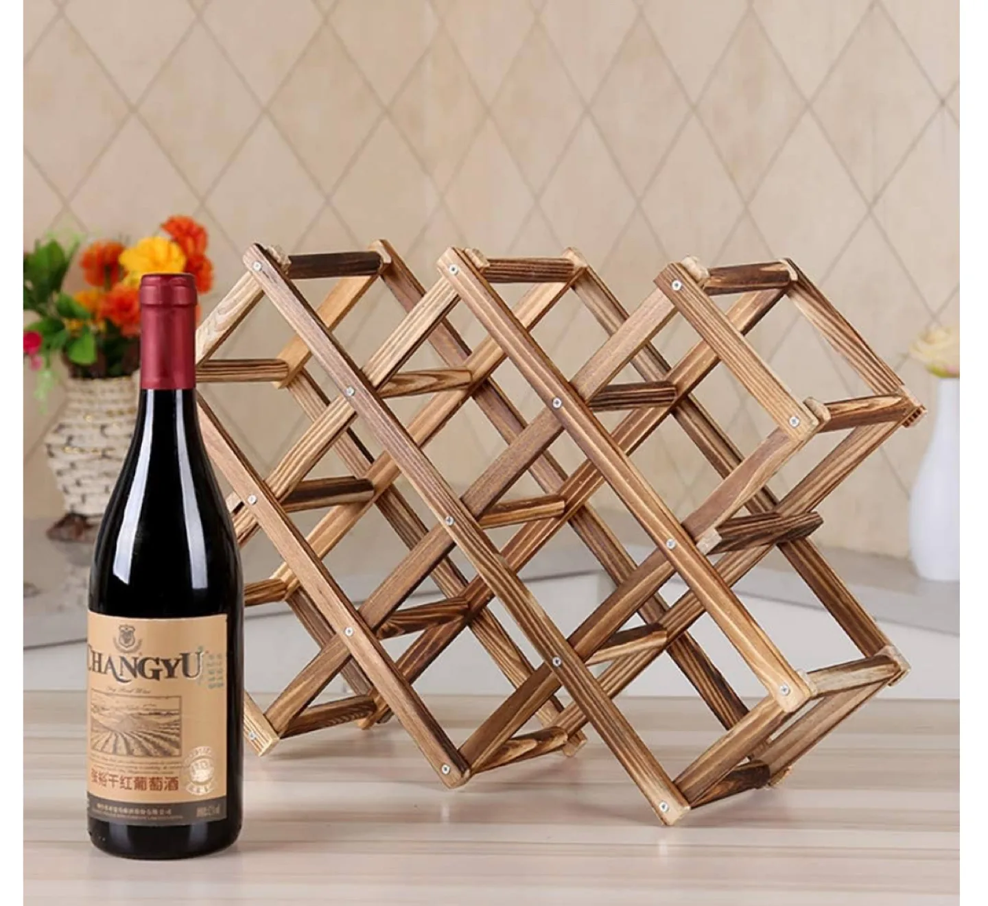Rustic Wooden Wine Rack - Holds 10 Bottles thumbnail