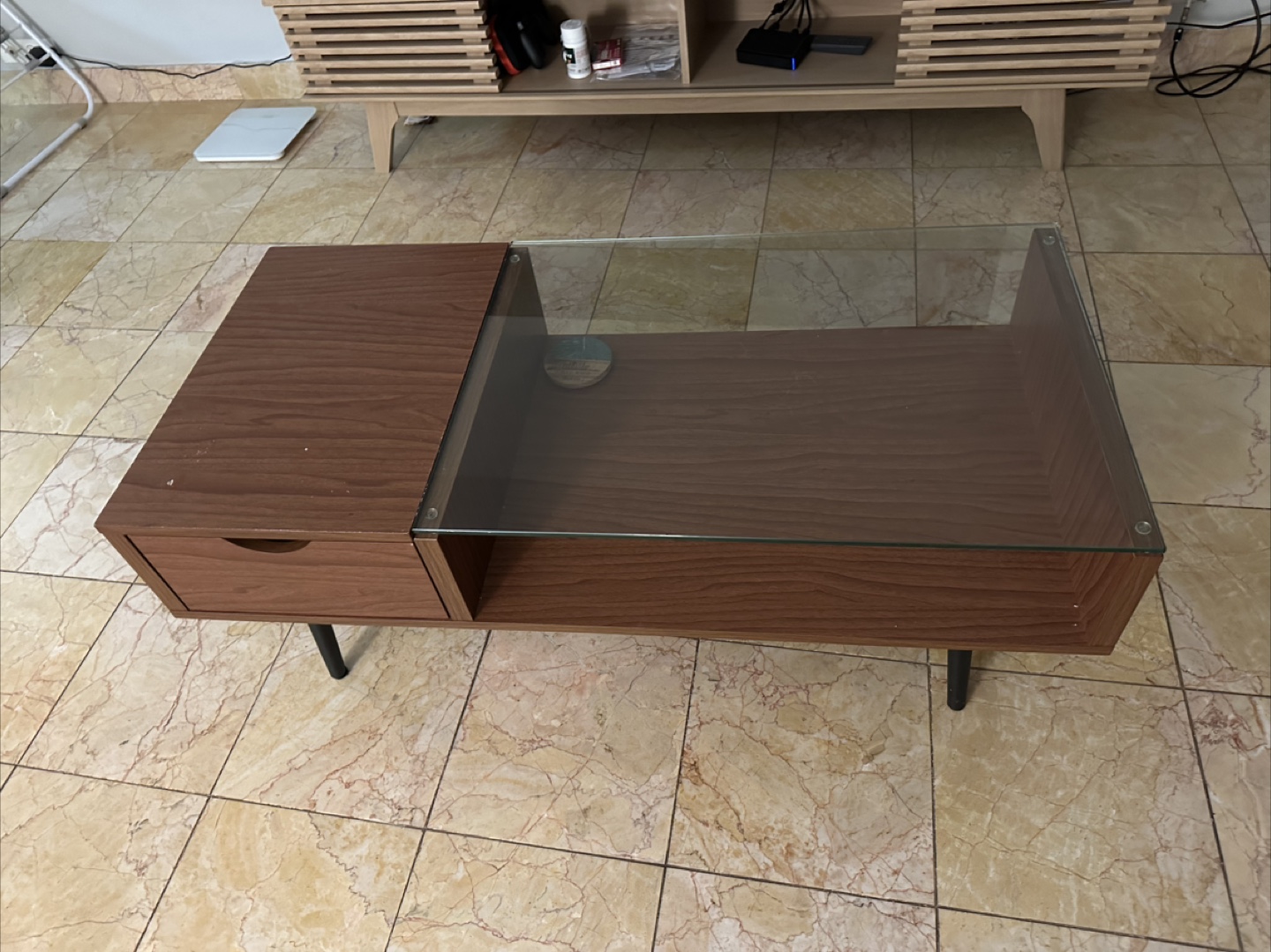 Mid-Century Modern Coffee Table with Glass Top and Drawer - photo 3