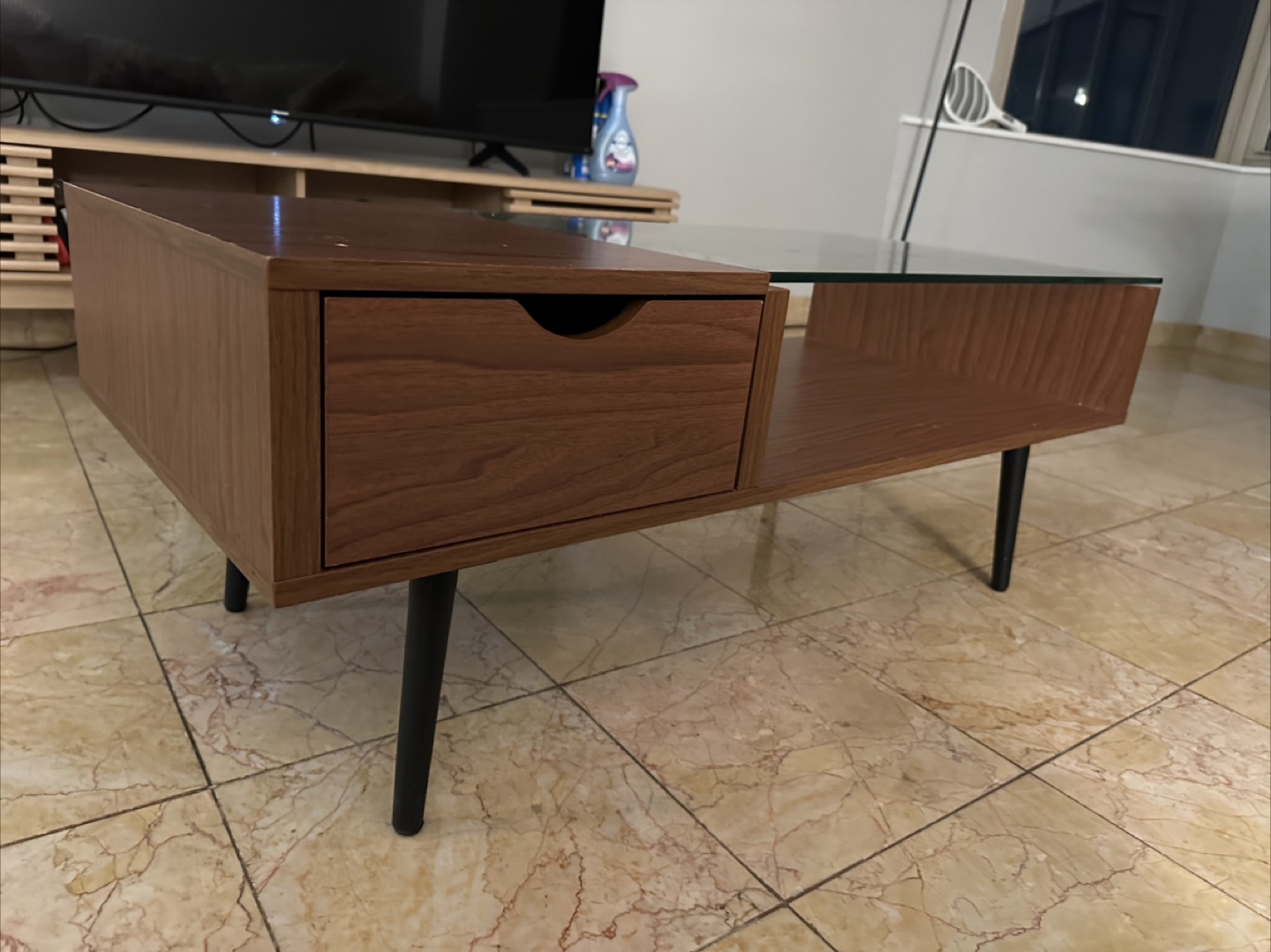 Mid-Century Modern Coffee Table with Glass Top and Drawer - photo 2