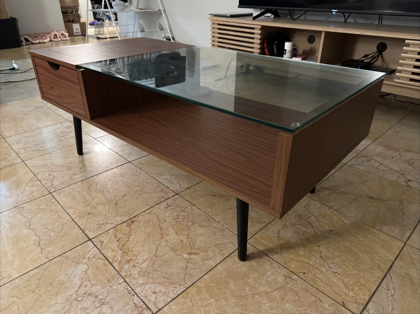 Mid-Century Modern Coffee Table with Glass Top and Drawer