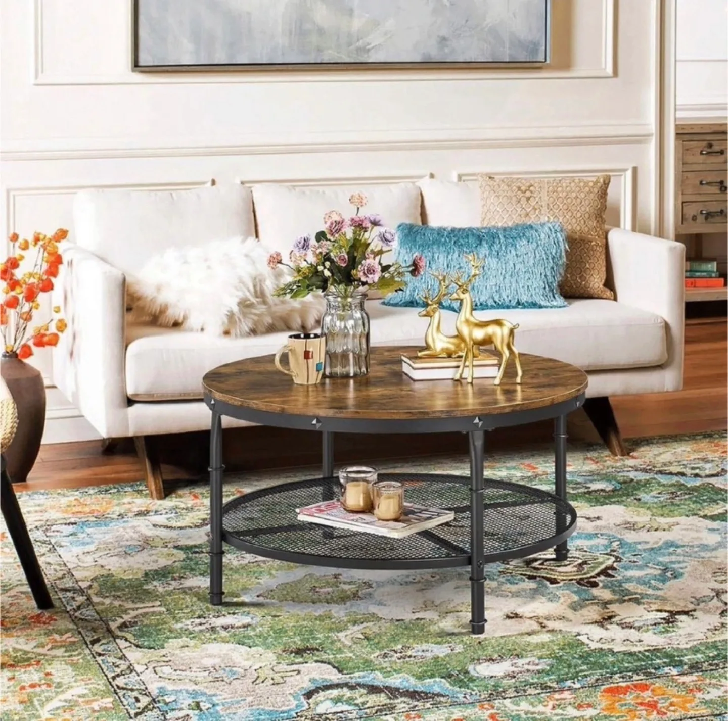 Round Industrial Coffee Table with Metal Shelf image indicator(2)