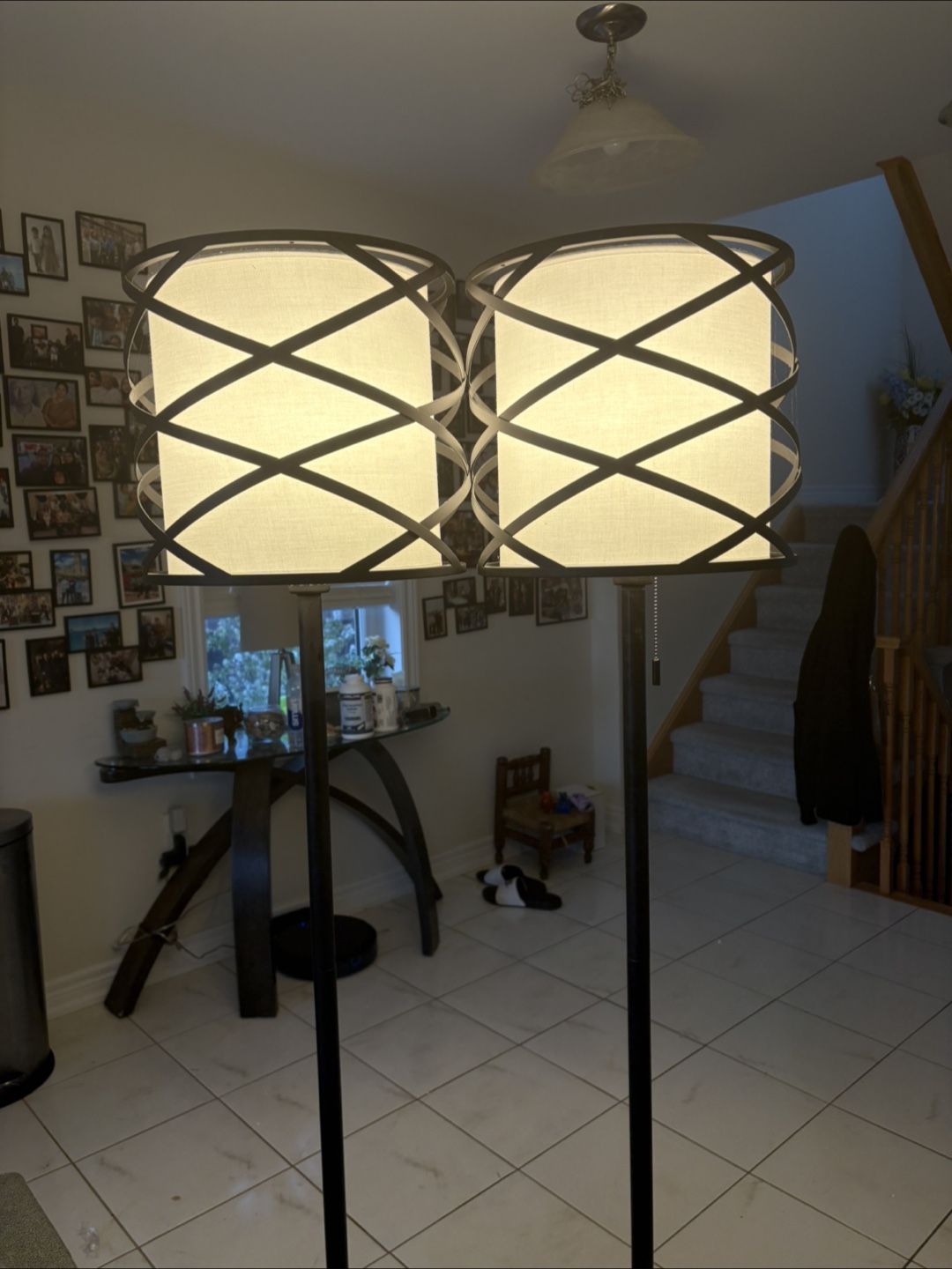 Pair of Floor Lamps with White Drum Shades