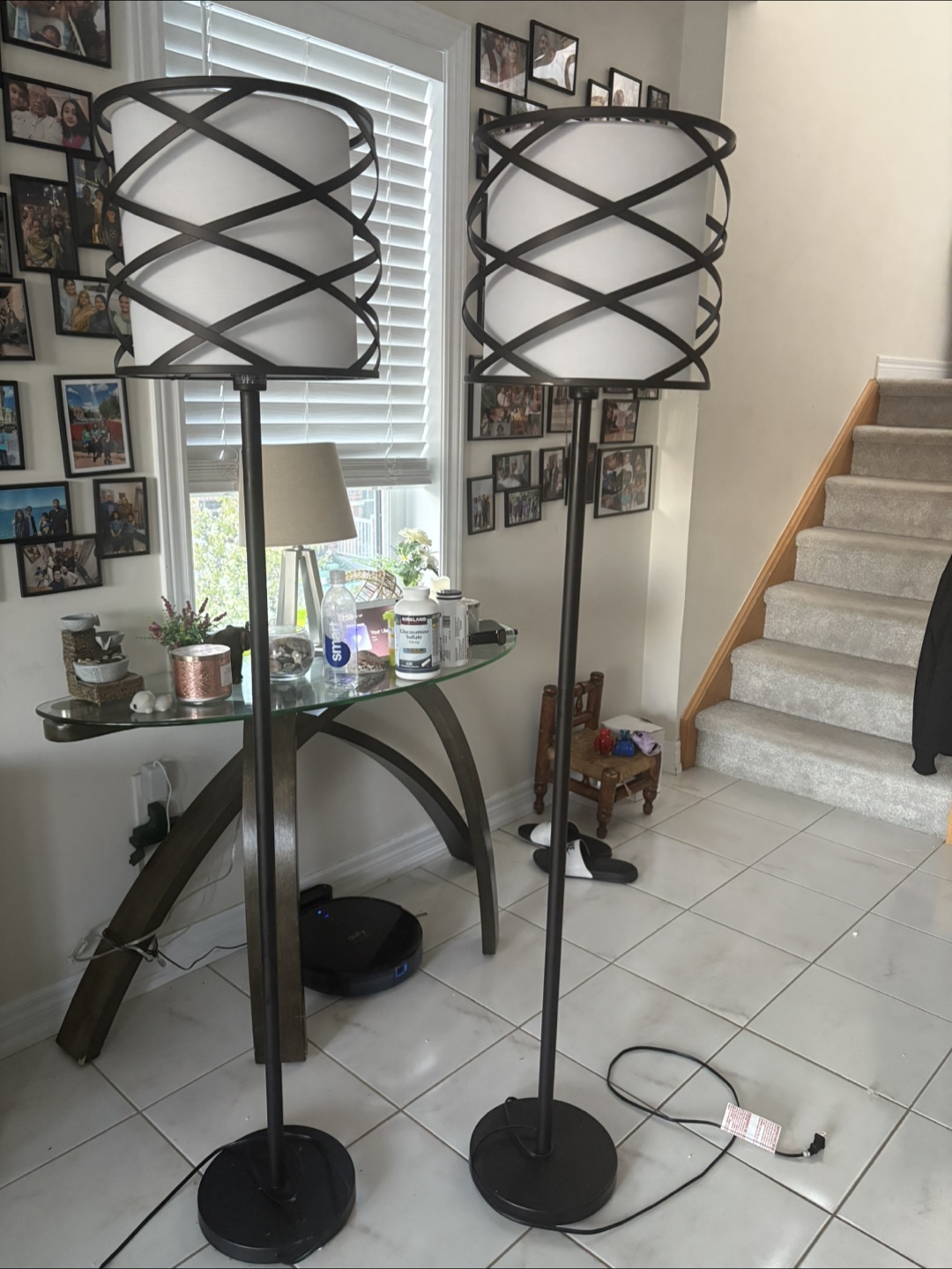 Pair of Floor Lamps with White Drum Shades - photo 2