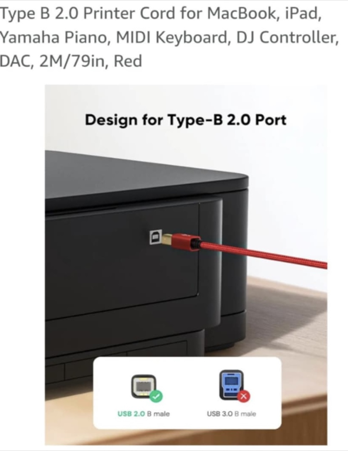 Red USB 2.0 Type-B Printer Cord - 2M/79in - photo 5