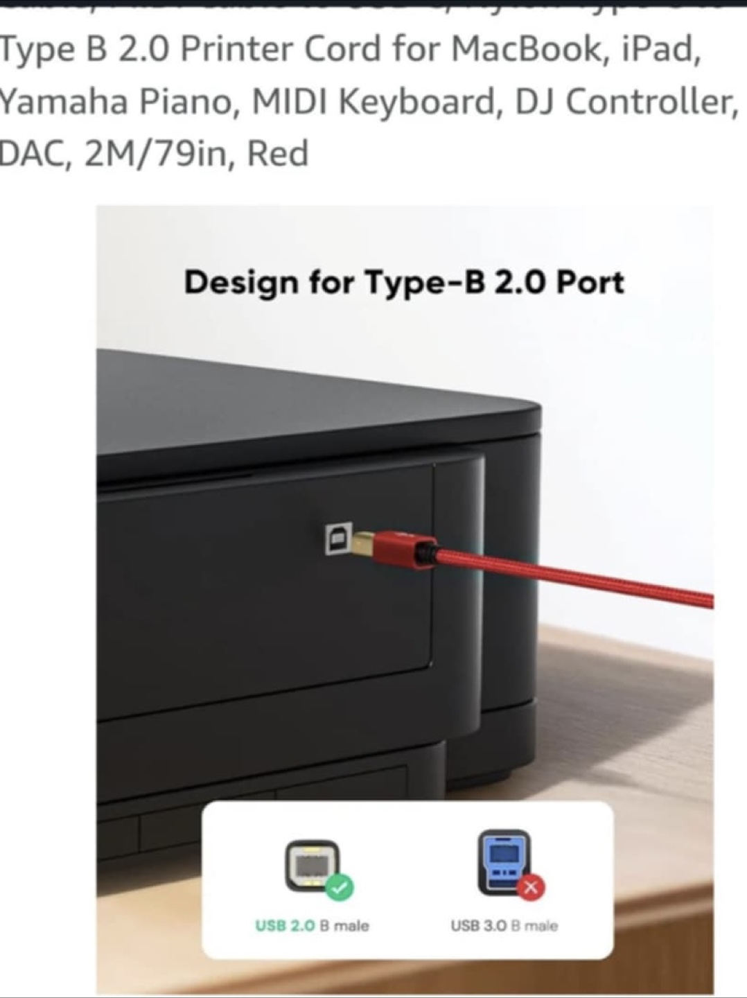 Red USB 2.0 Type-B Printer Cord - 2M/79in - photo 4