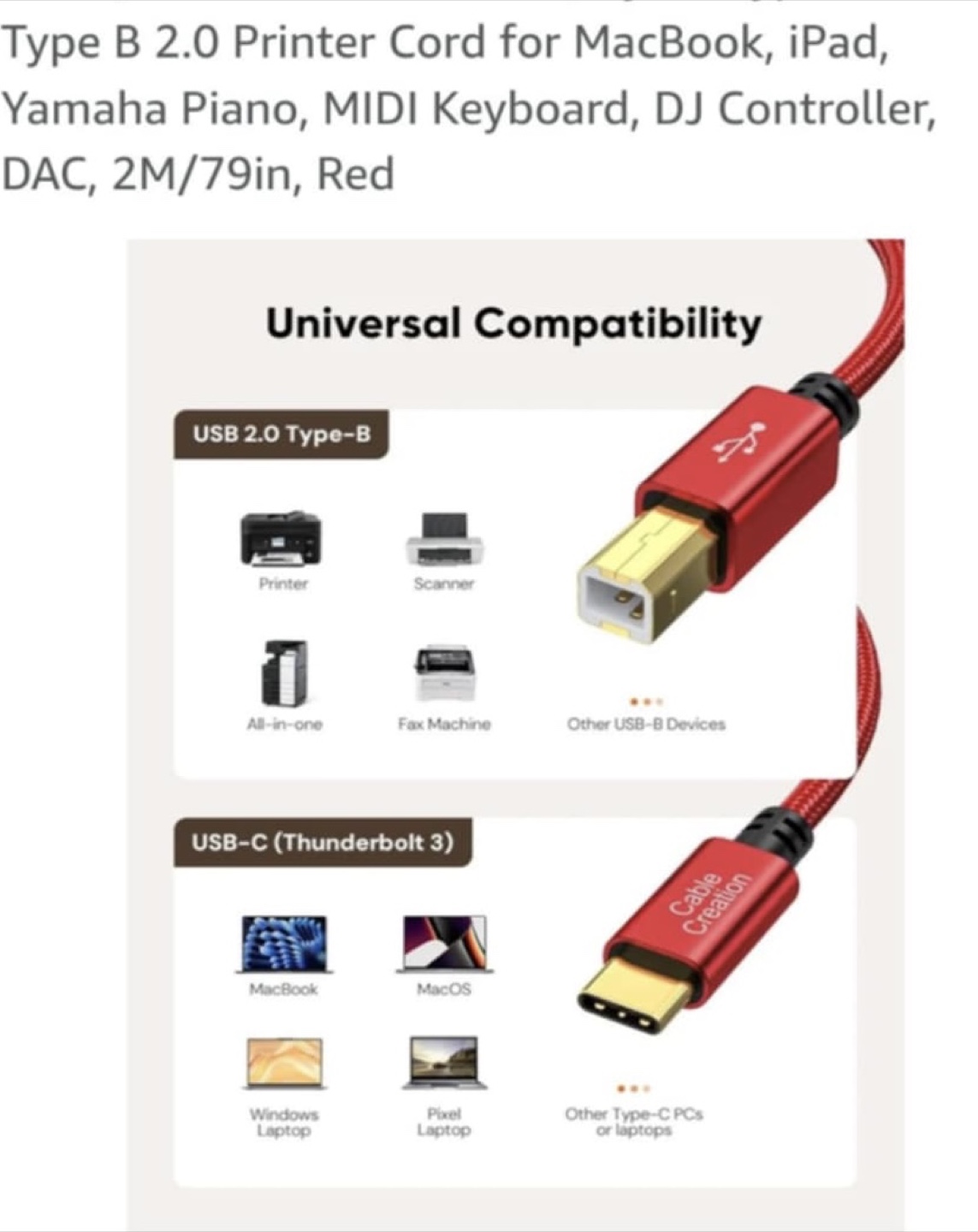 Red USB 2.0 Type-B Printer Cord - 2M/79in - photo 2