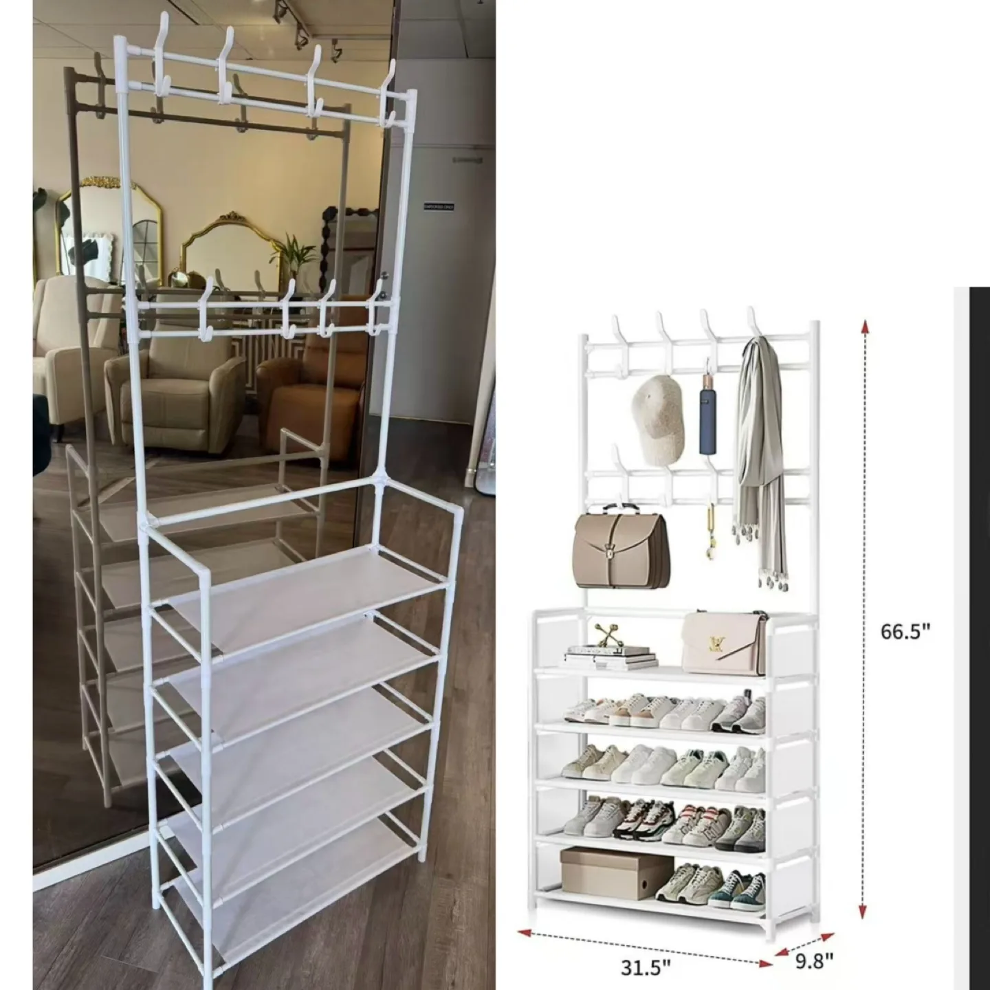 White 5-Tier Shoe Rack with Coat Hooks thumbnail