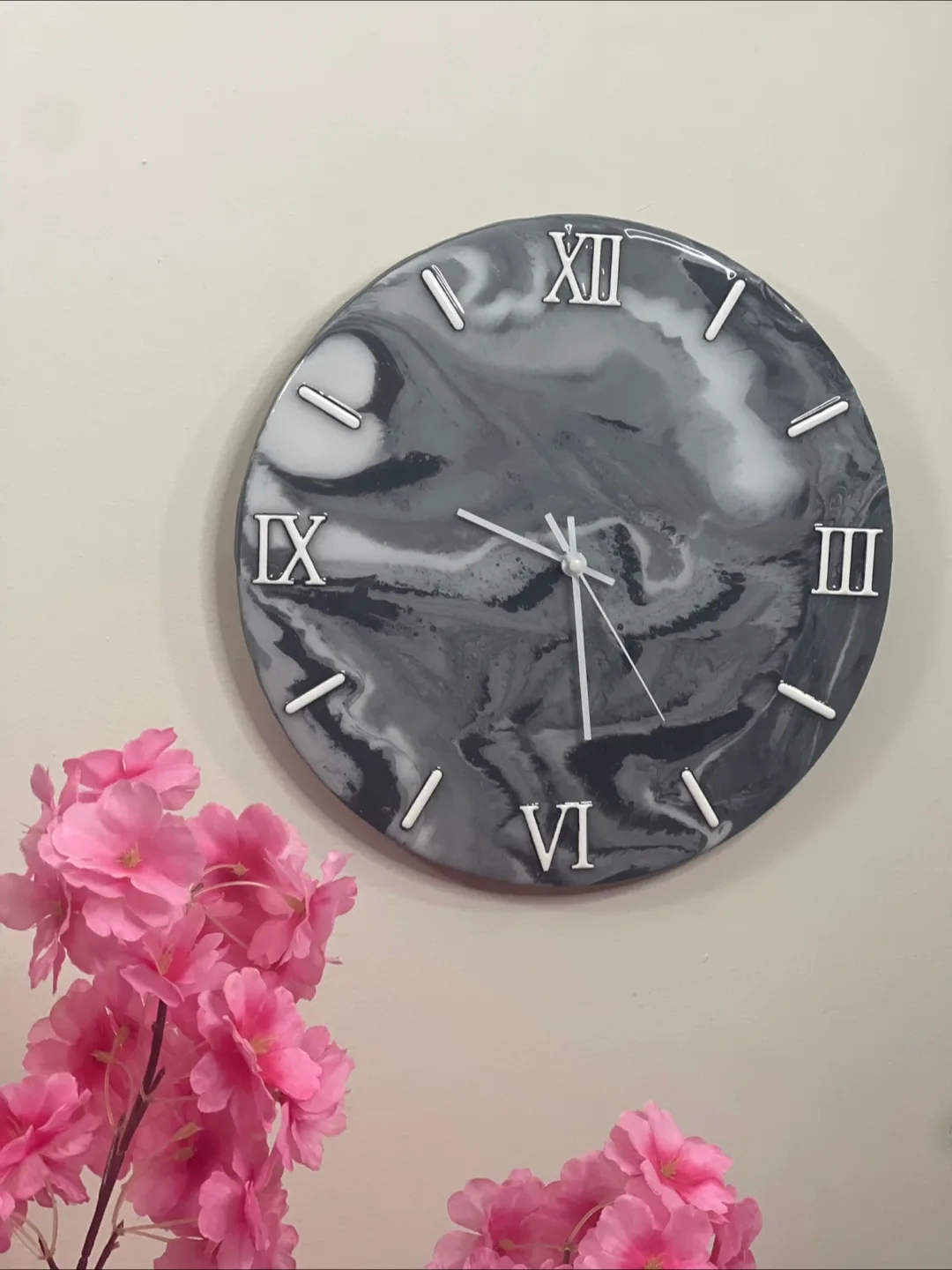 Unique Resin Wall Clock - Grey and White Marble Effect