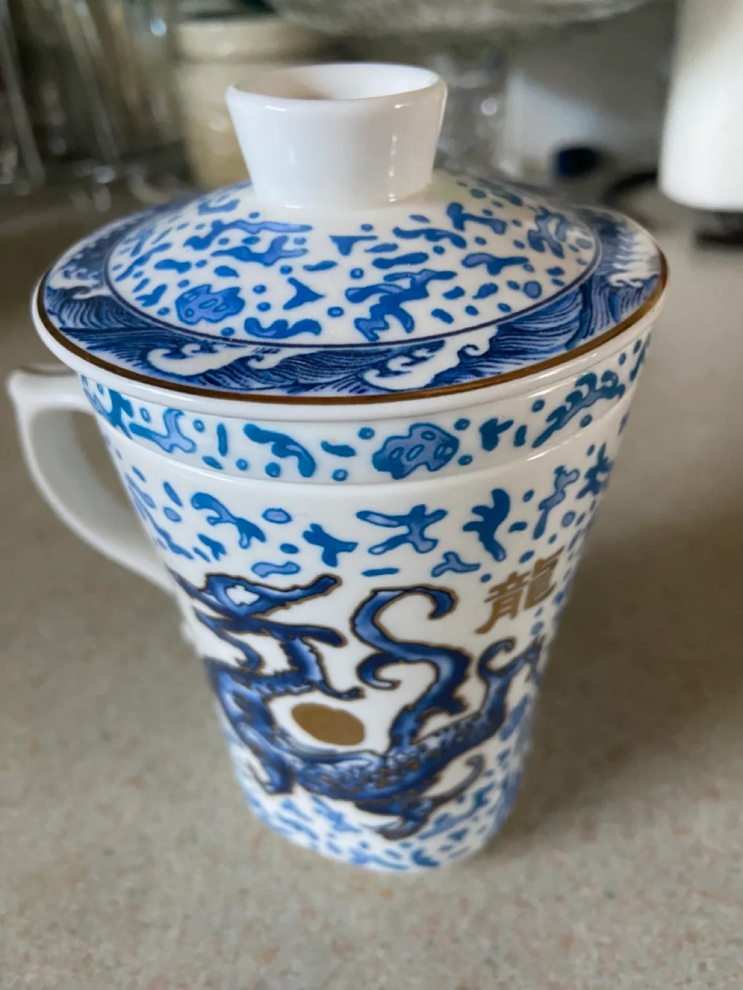 Blue and White Dragon Tea Cup with Infuser and Lid thumbnail