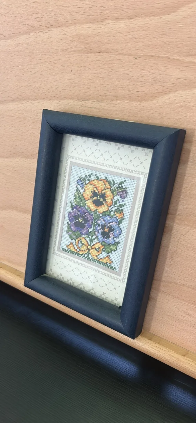 Framed Cross-Stitch of Pansies thumbnail