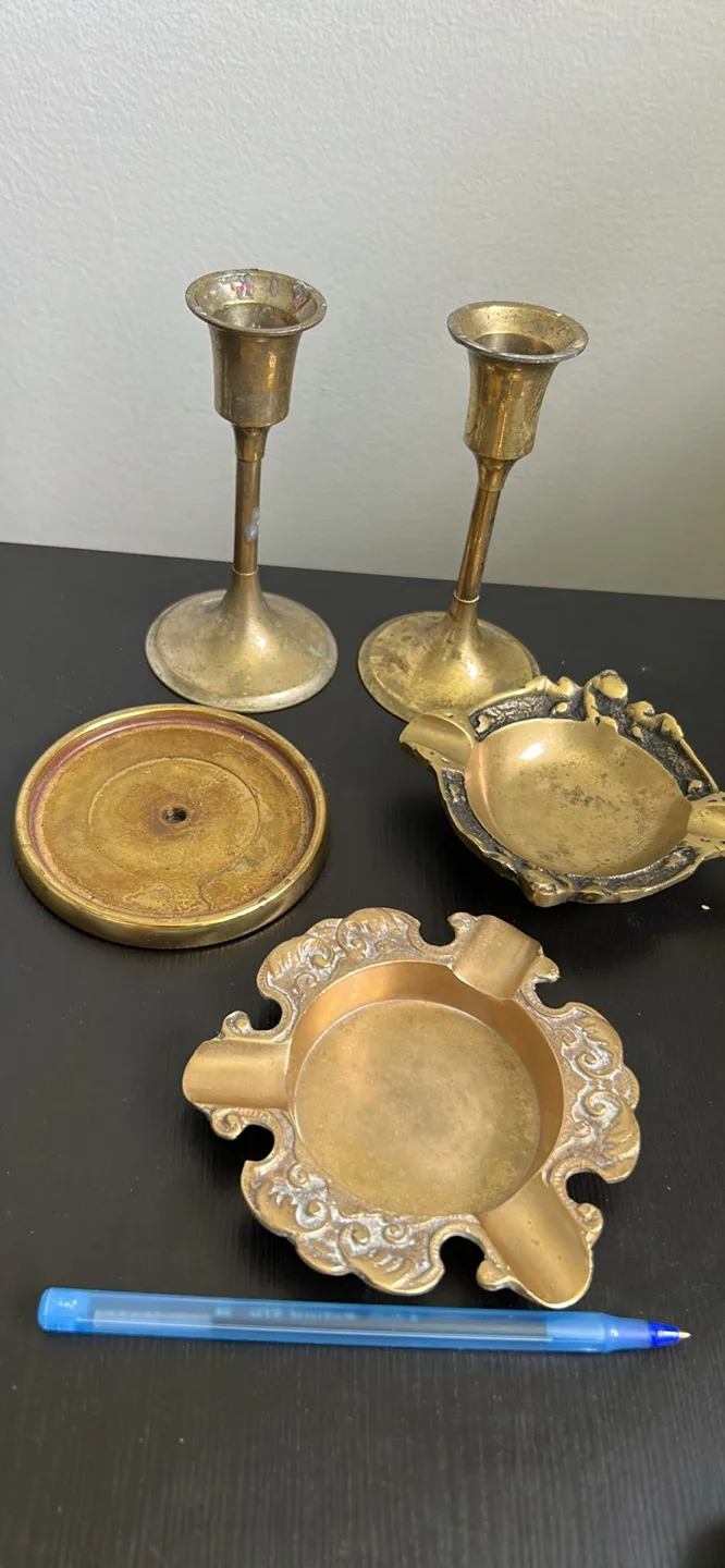 Vintage Brass Candle Holders and Ashtrays thumbnail