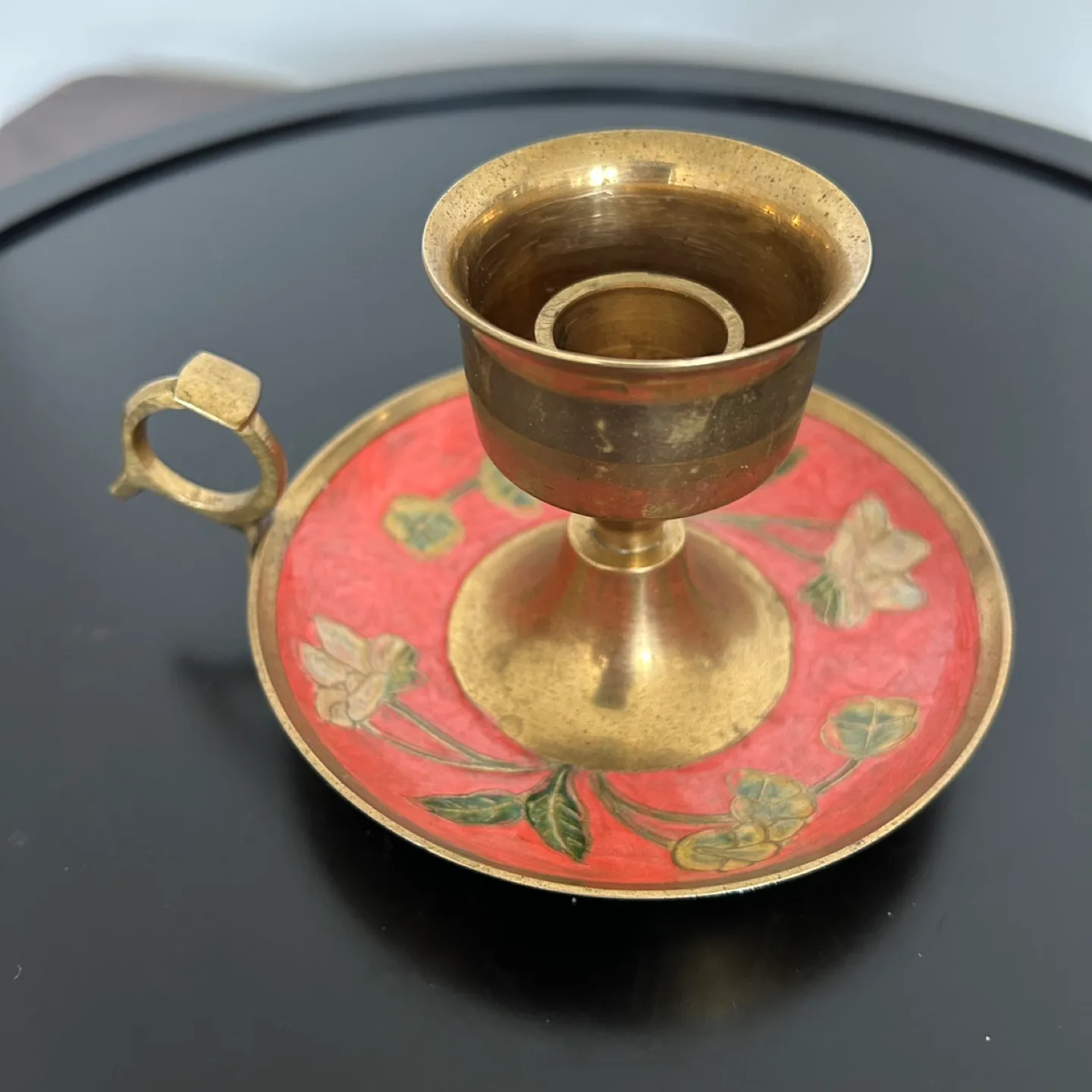 🏒 Vintage Brass Enamel Floral Candlestick Holder With Finger 3” thumbnail