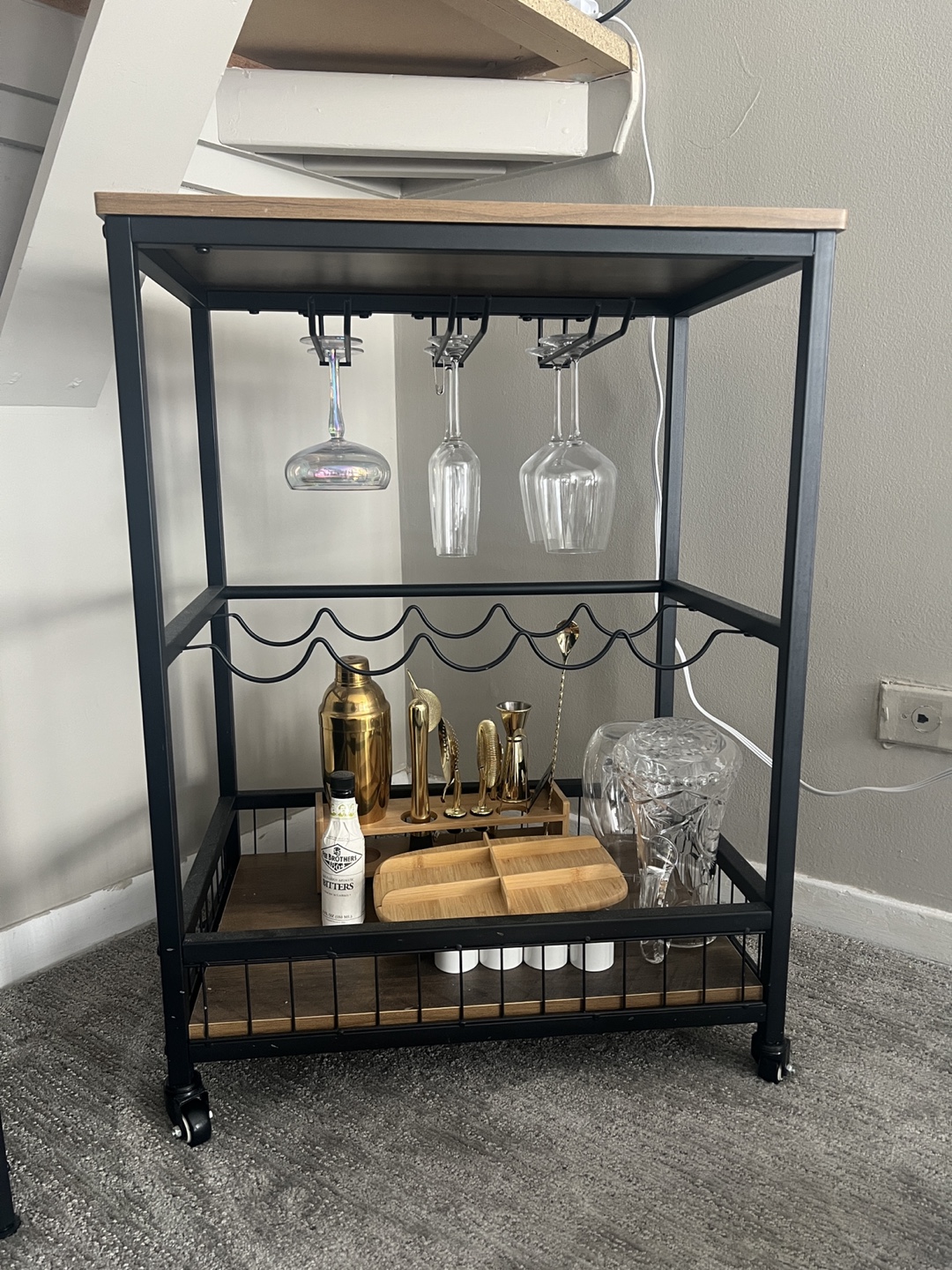 Bar cart with 6 wine glasses!