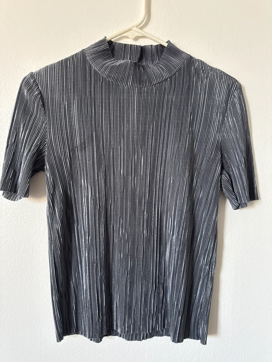 ZARA blue/gray Pleated Mock Neck Blouse thumbnail
