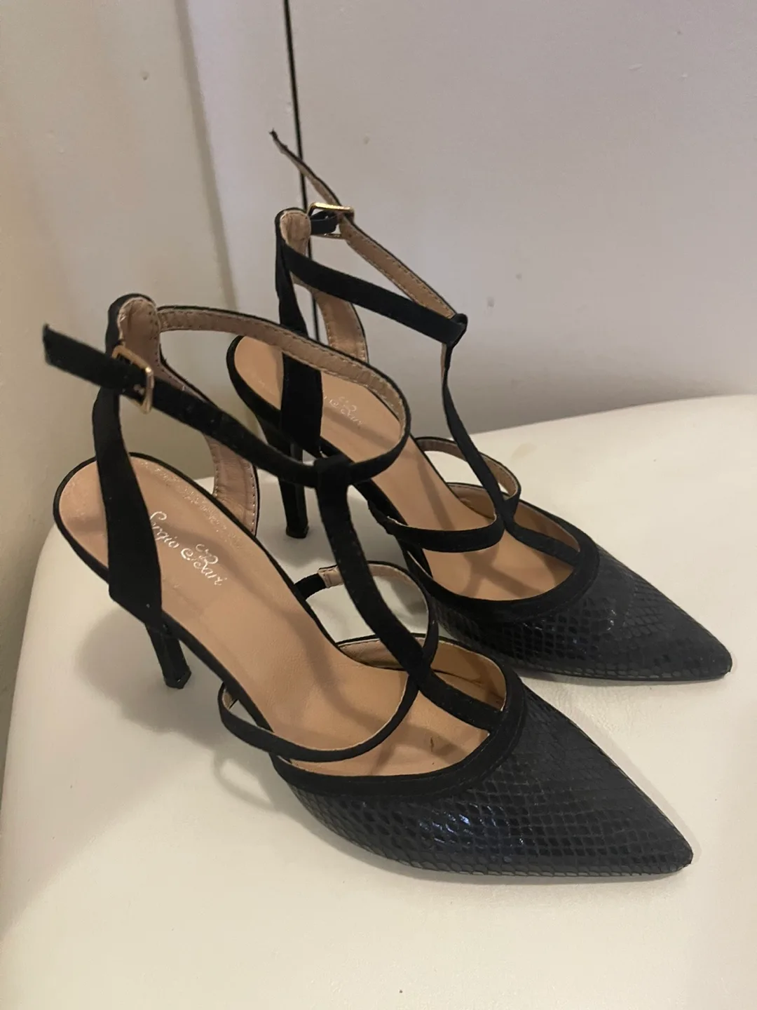 Black T-Strap Pointed-Toe Heels thumbnail