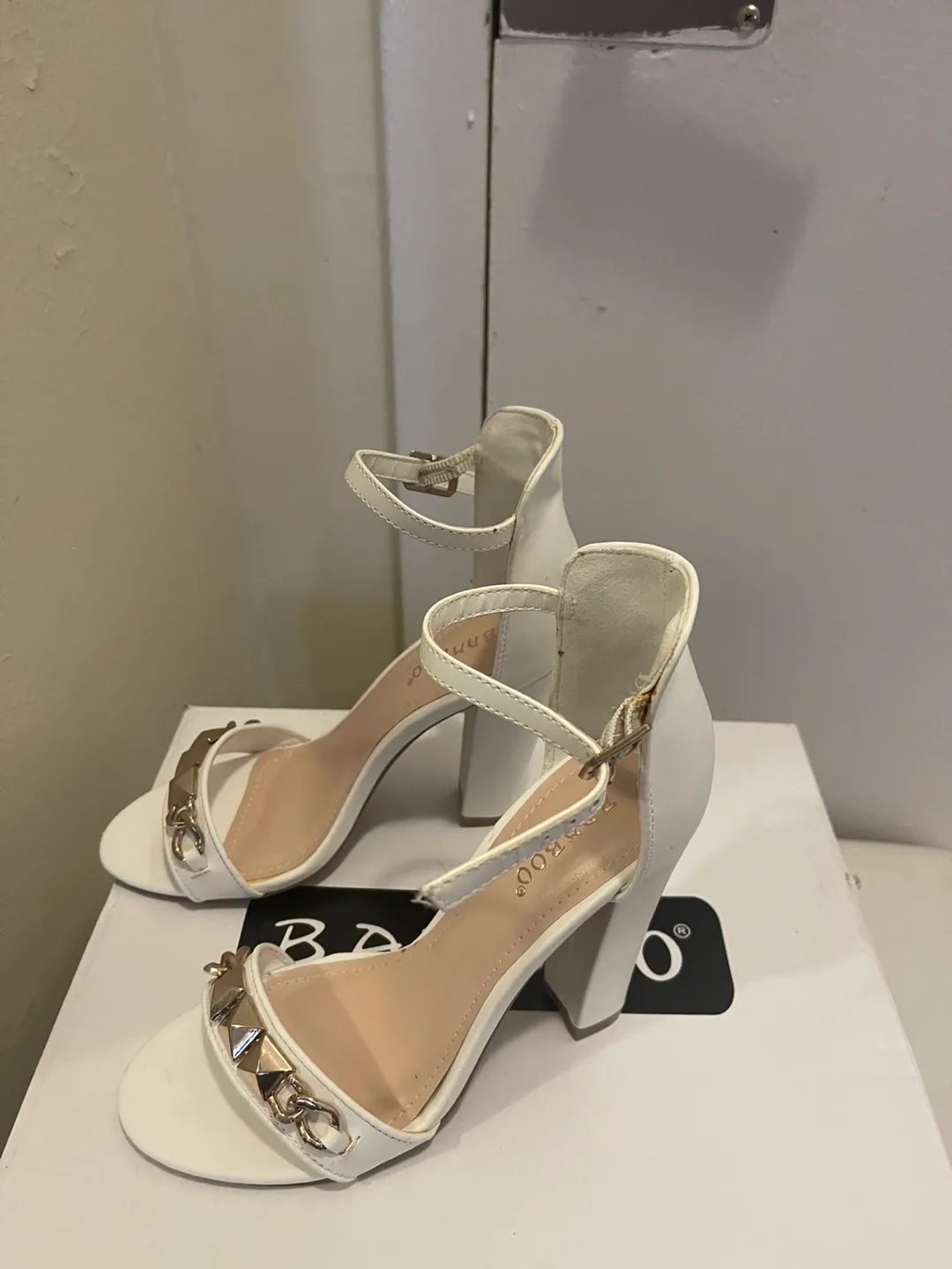 Bamboo White Ankle Strap Heels thumbnail