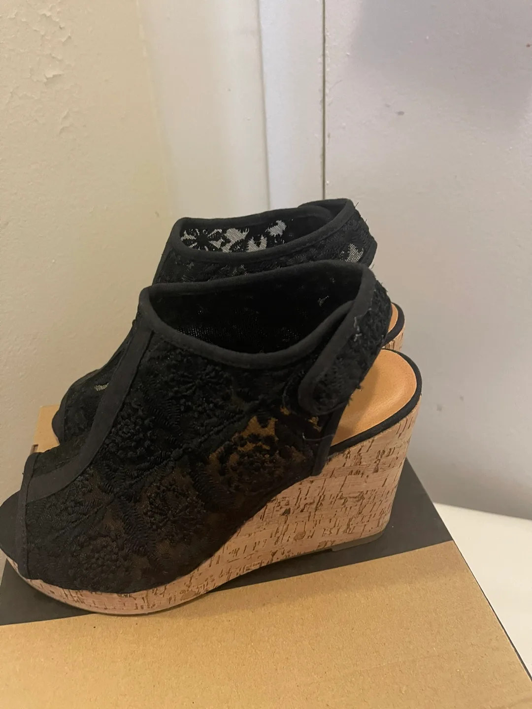 Le Chateau Black Lace Wedge Sandals thumbnail