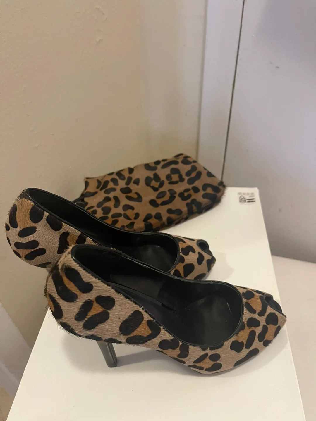 Le Chateau Leopard Print Peep Toe Heels with Matching Clutch thumbnail