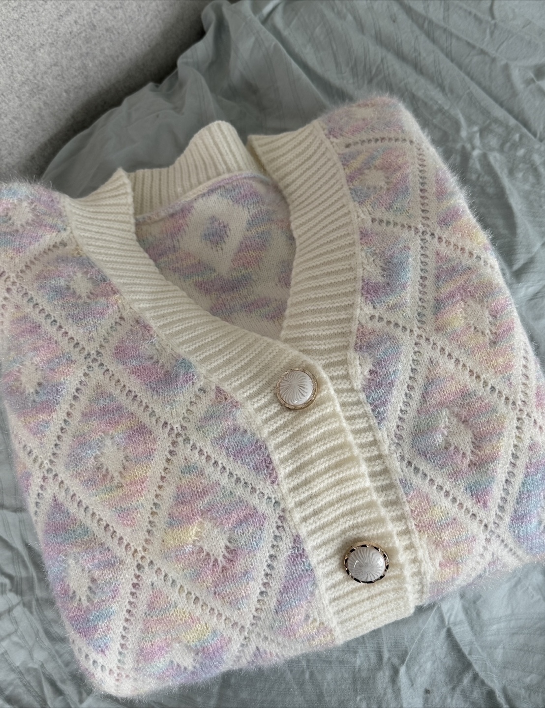 Pastel Rainbow Diamond Knit Cardigan Sweater - photo 2