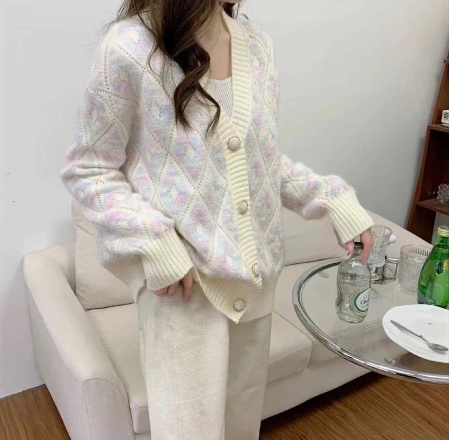 Pastel Rainbow Diamond Knit Cardigan Sweater