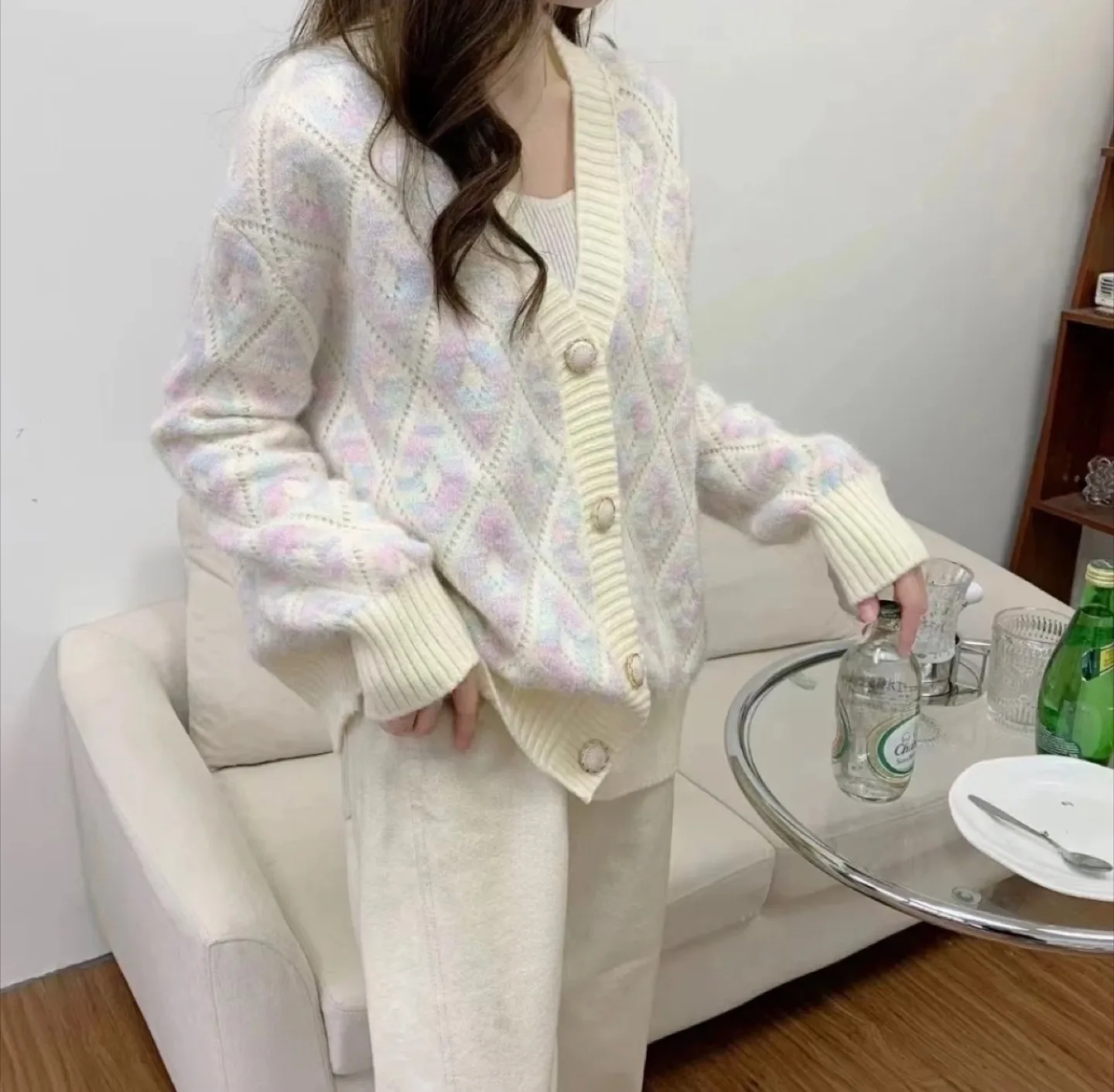 Pastel Rainbow Diamond Knit Cardigan Sweater thumbnail