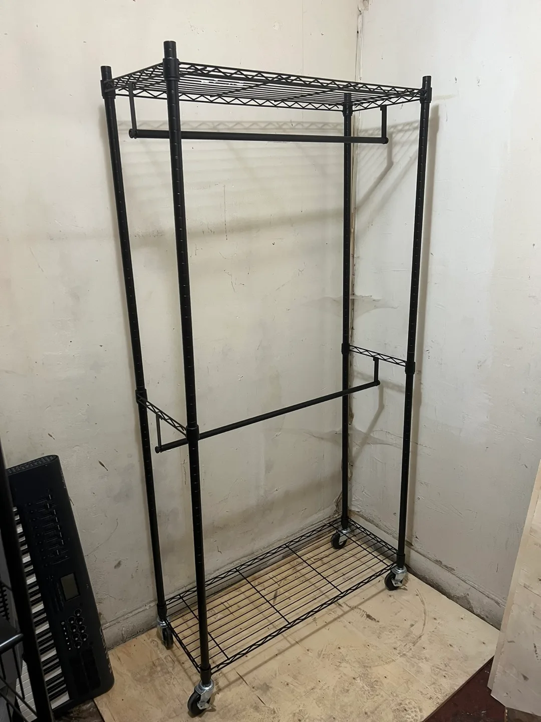 Black Metal Rolling Garment Rack with Shelves thumbnail
