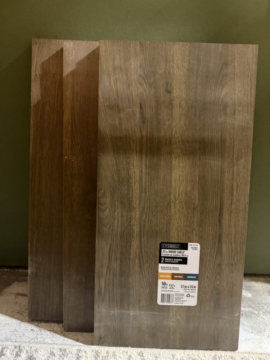 Four 12” x 24” chestnut walnut wood shelf boards
