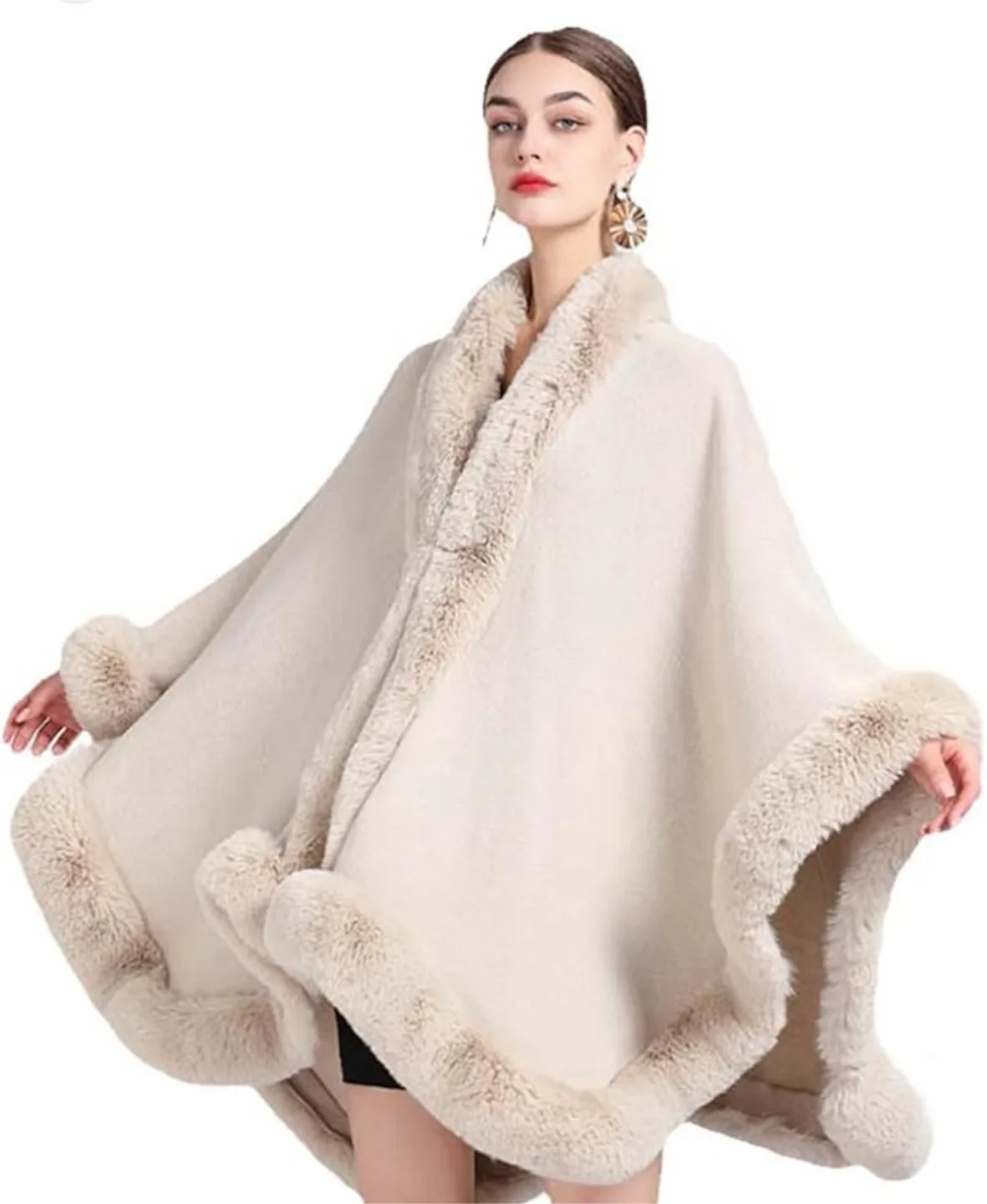 Women's Beige Knitted Poncho with Faux Fur Trim thumbnail