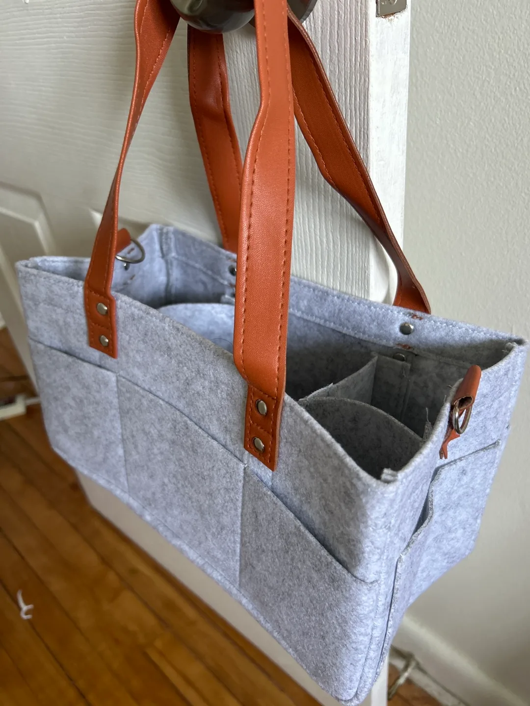 Grey Felt Organizer Tote Bag with Brown Leather Handles thumbnail