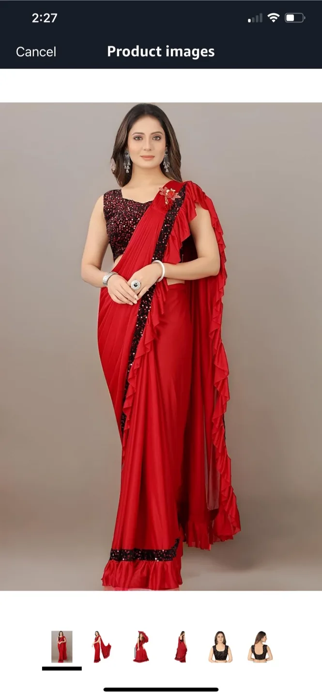 Red Sequinned Ruffled Saree with Black Blouse thumbnail
