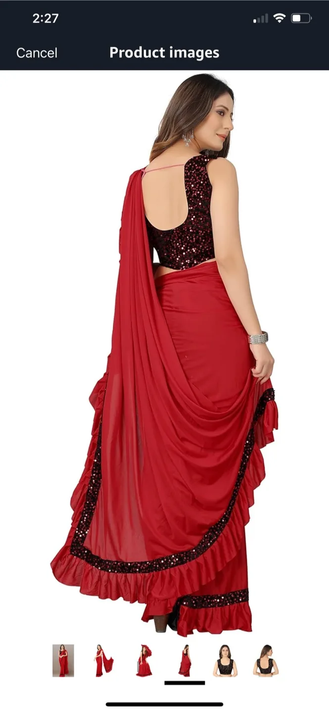Red Sequinned Ruffled Saree with Black Blouse image indicator(3)