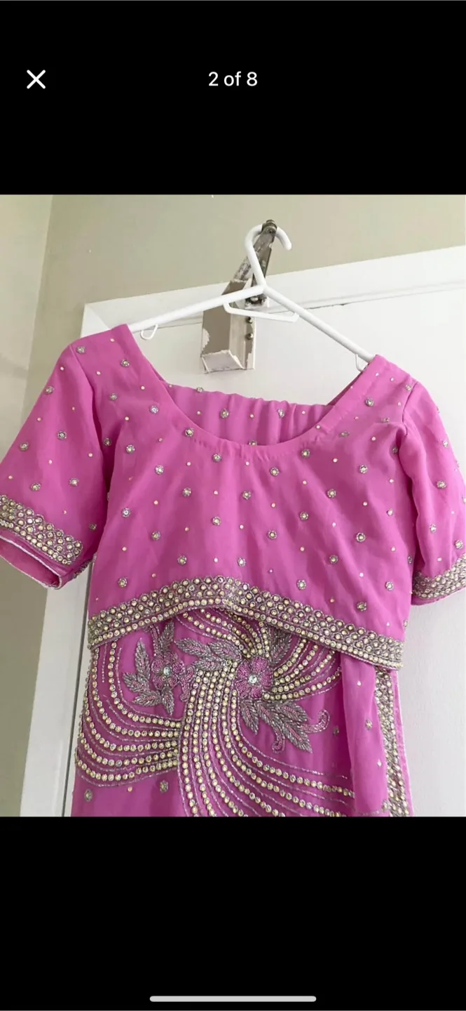Pink heavily embellished brand new saree with stitched blouse thumbnail