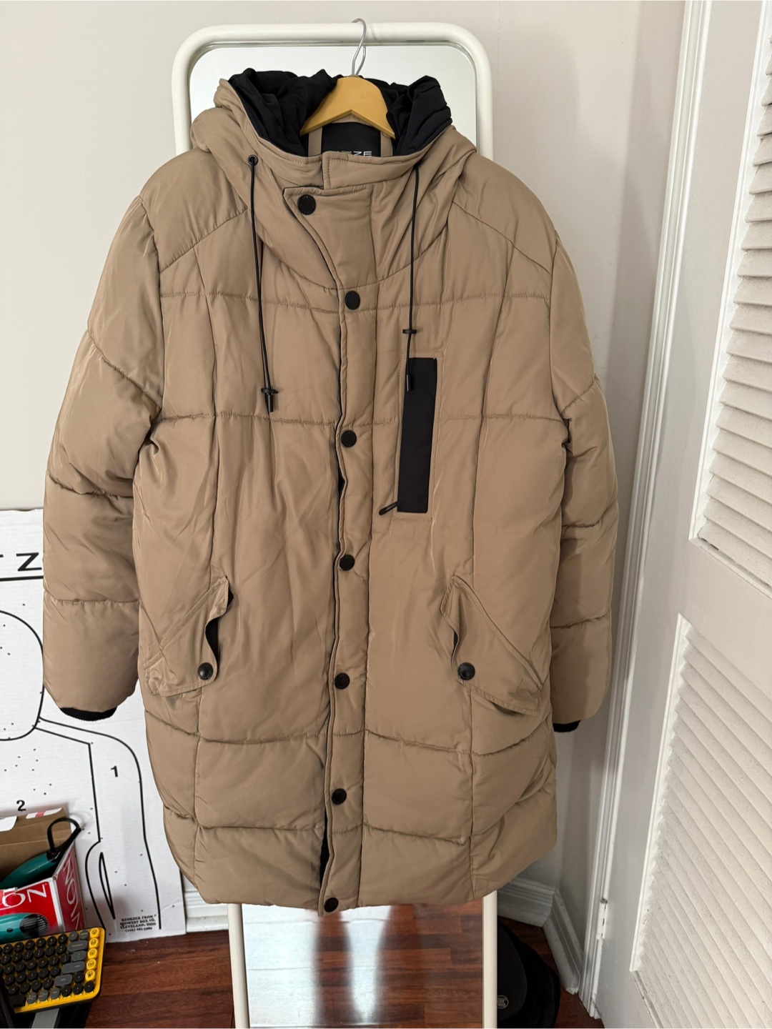 Men's Beige Long Puffer Jacket with Hood - photo 2