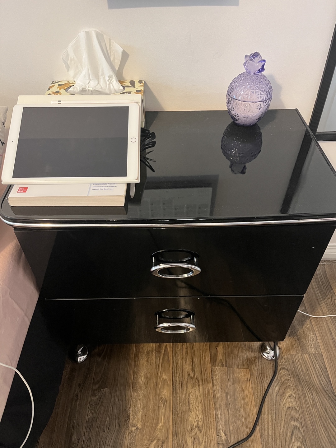 Two Black Bedside Table with Chrome Accents