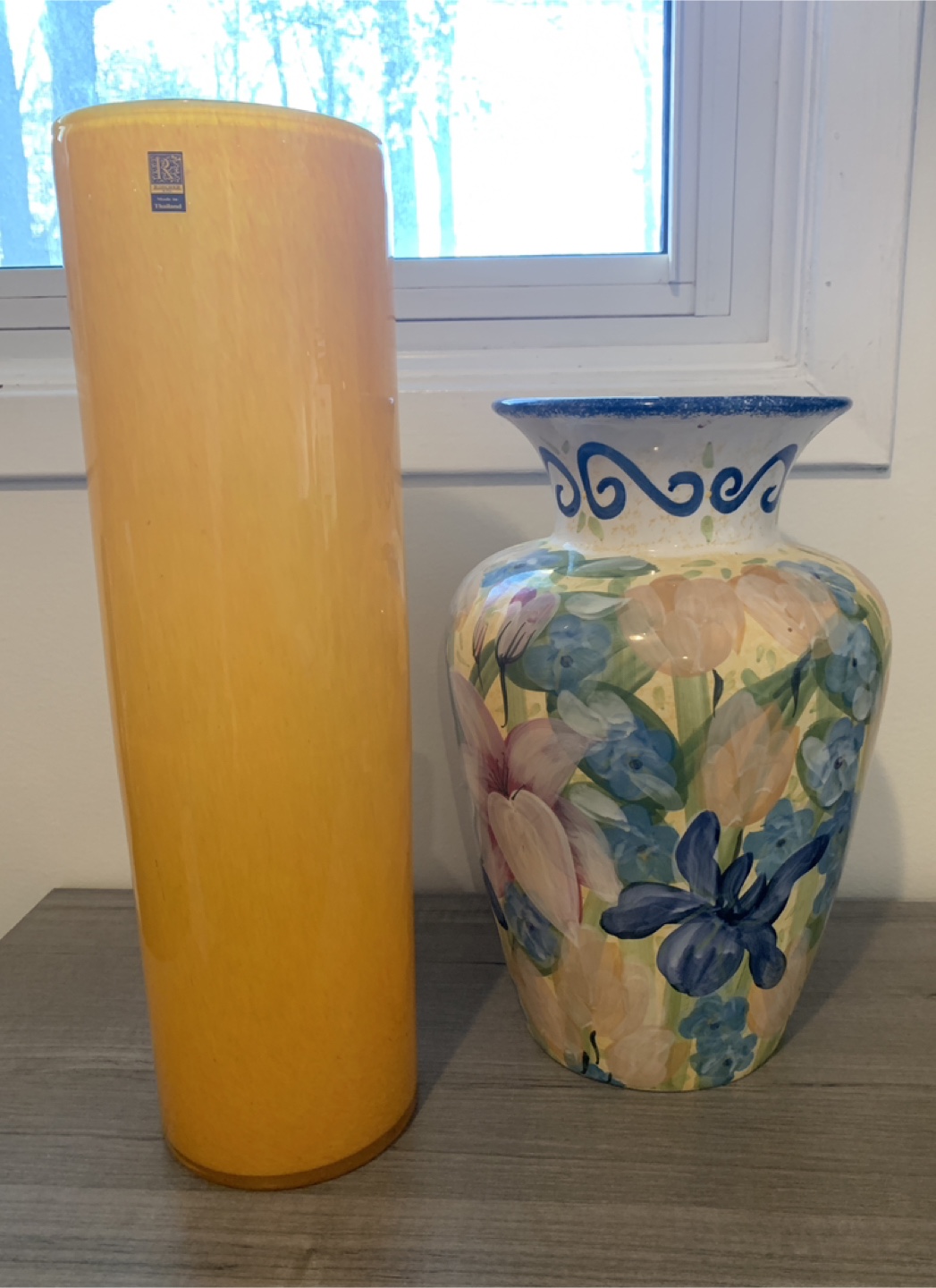 Pair of Decorative Vases - Yellow Glass & Floral Ceramic