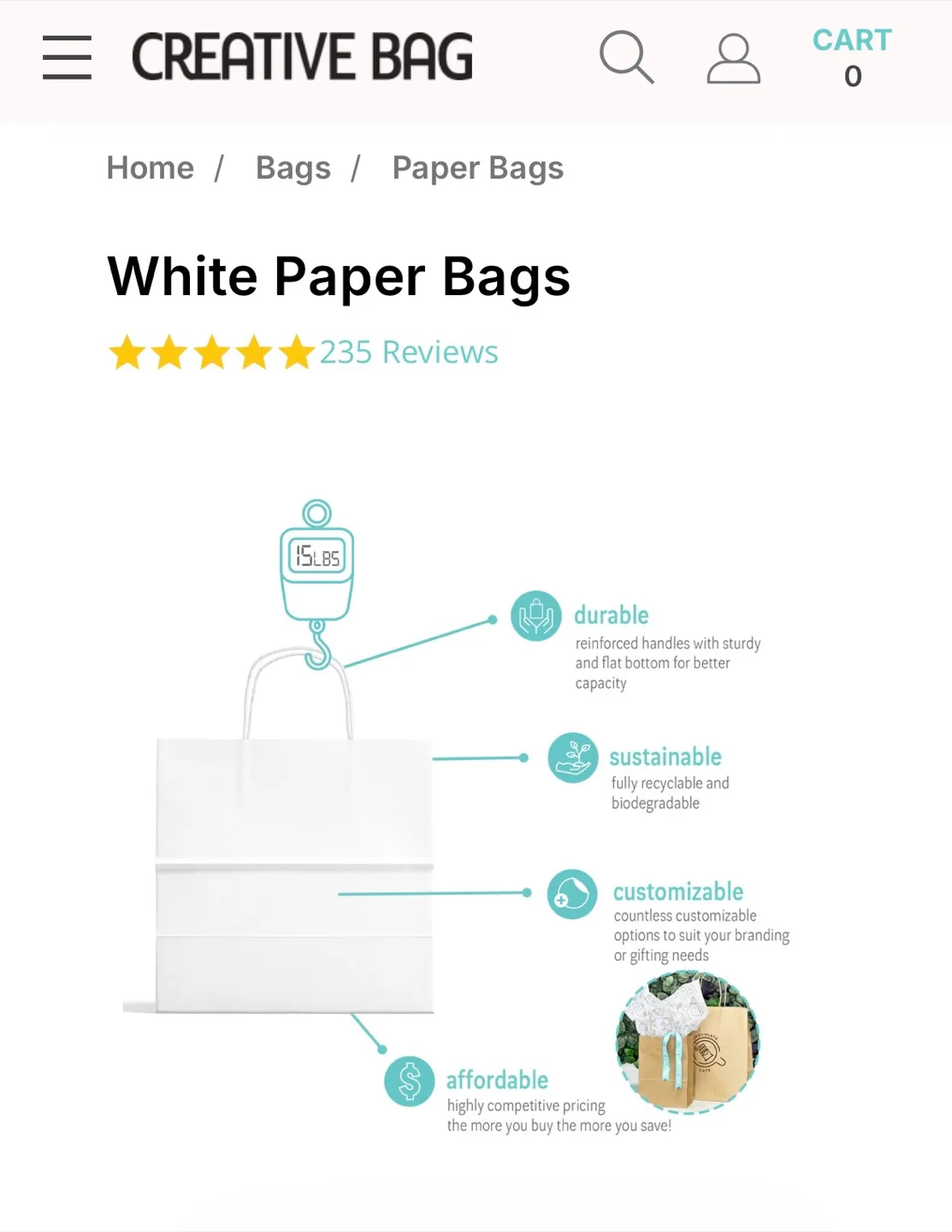 Creative Bag White Paper Bags - 12x7x12 Inches image indicator(4)