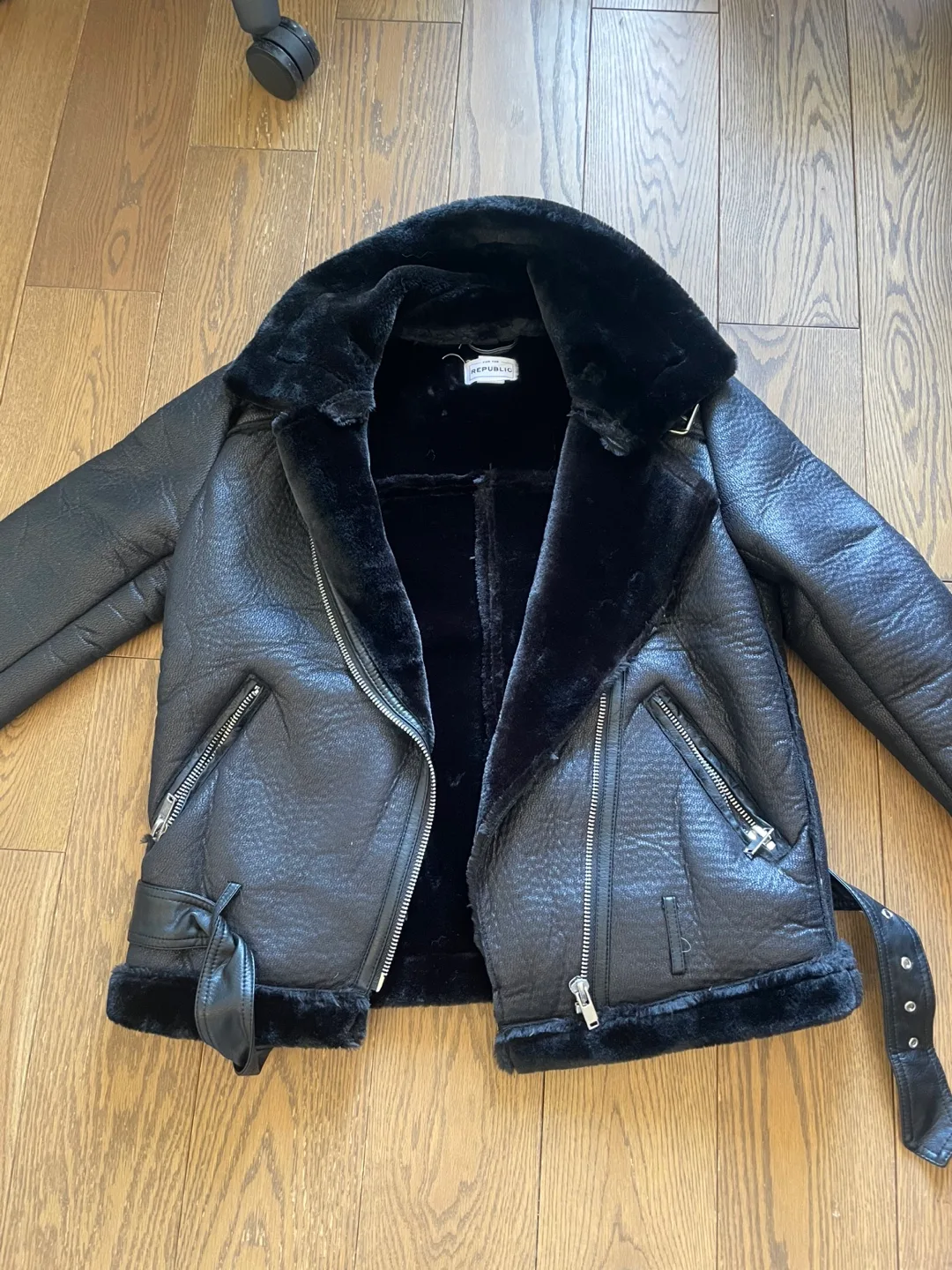 For The Republic Black Faux Leather Aviator Jacket - XS thumbnail