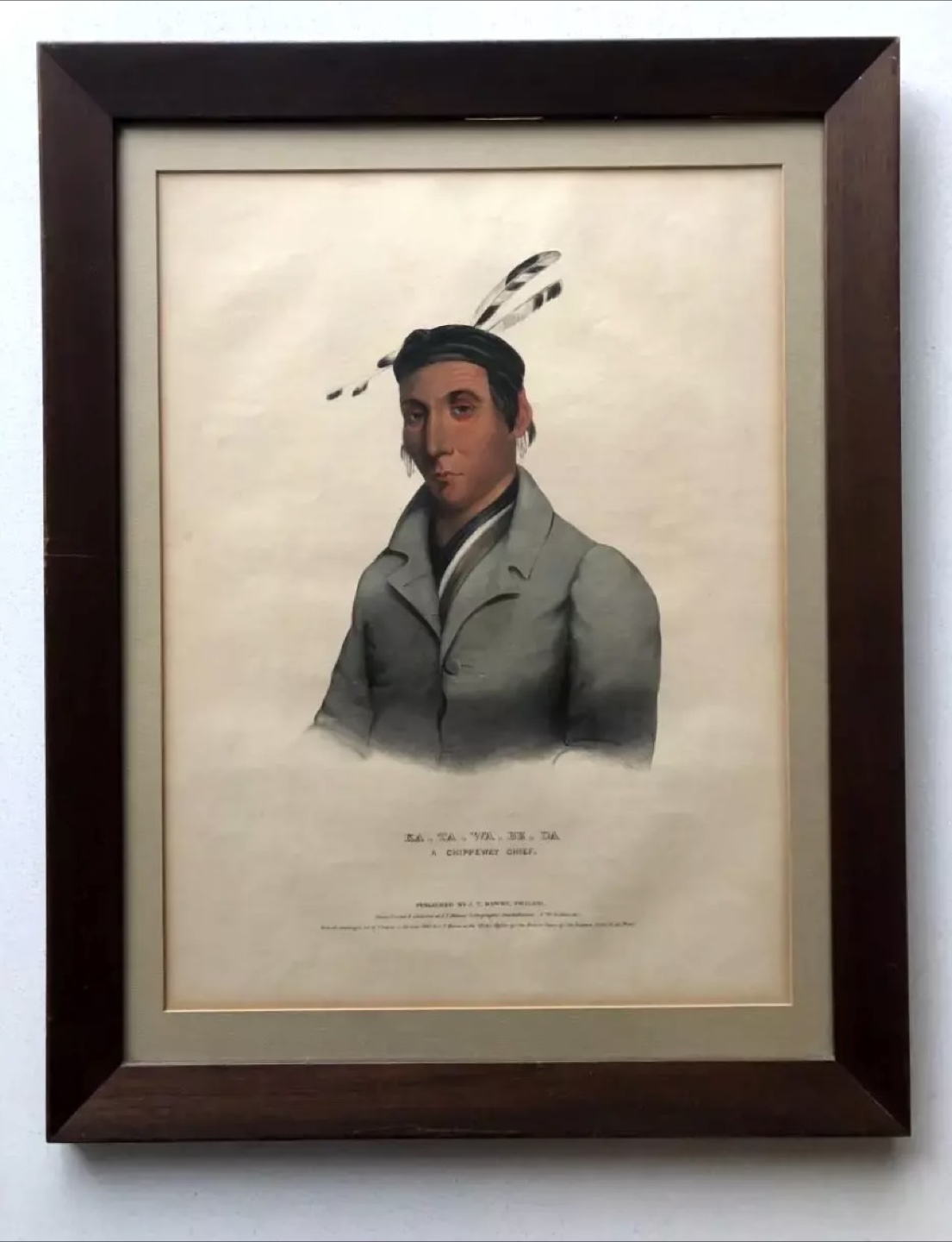 Antique 1841 Lithograph Print of a Chippewa Chief by J.T. Bowen