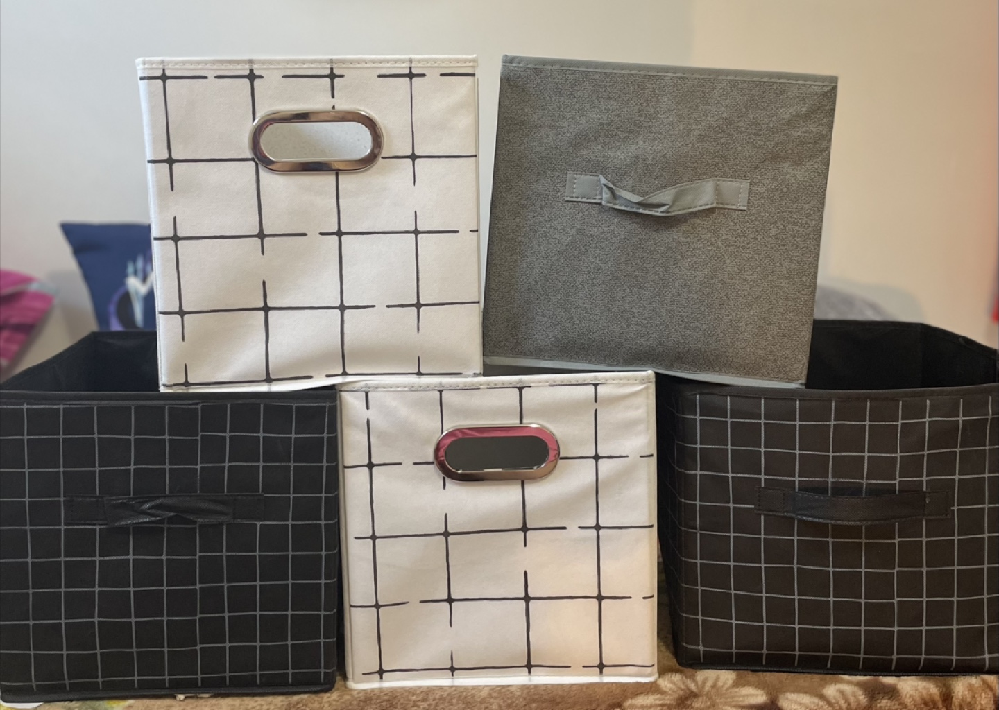 Set of five fabric storage boxes