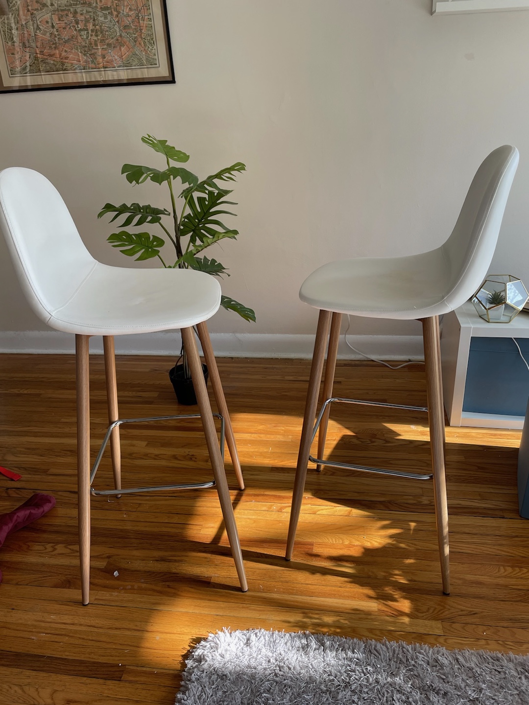 Pair of White Counter Stools with Light Wood Legs