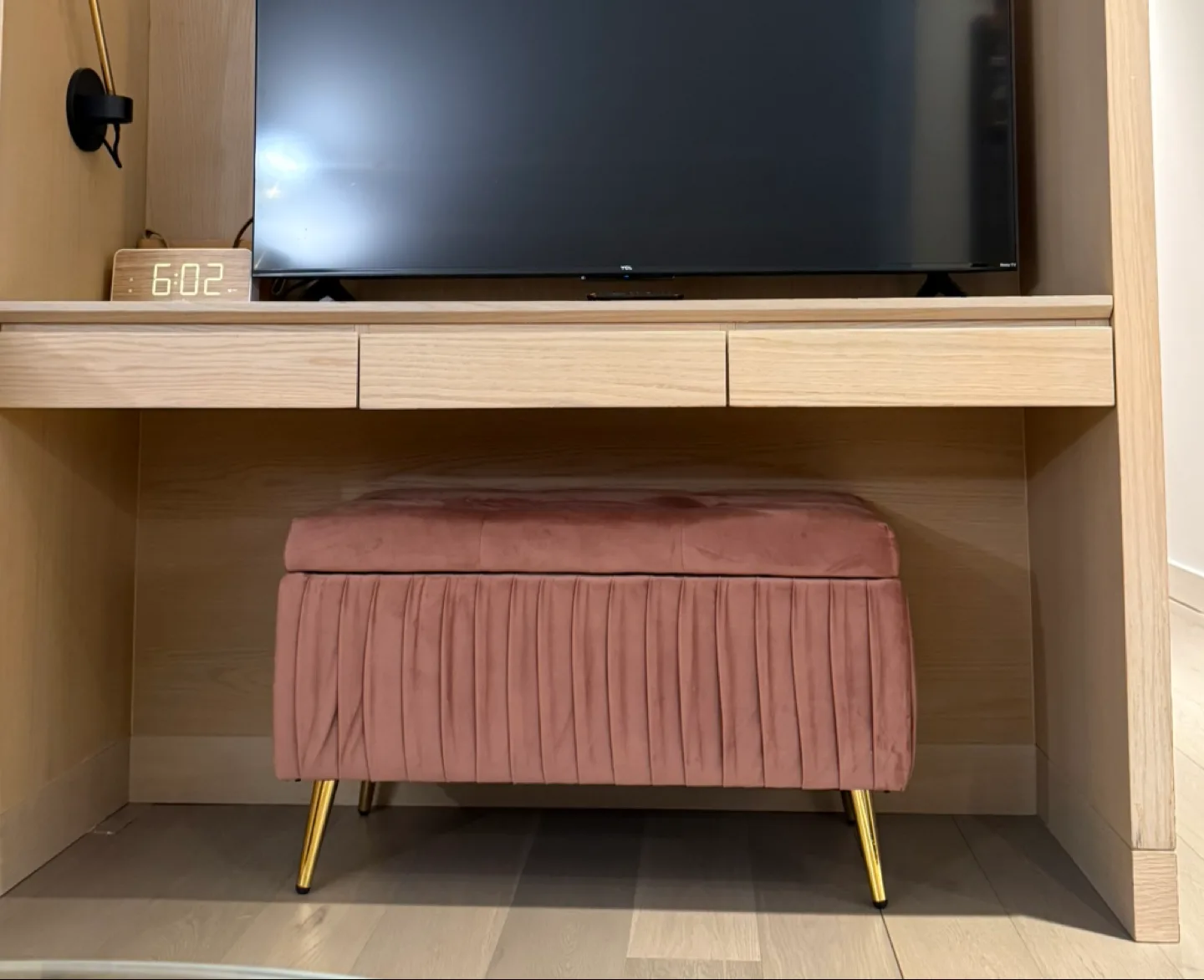 Pink Velvet Storage Ottoman with Gold Legs thumbnail