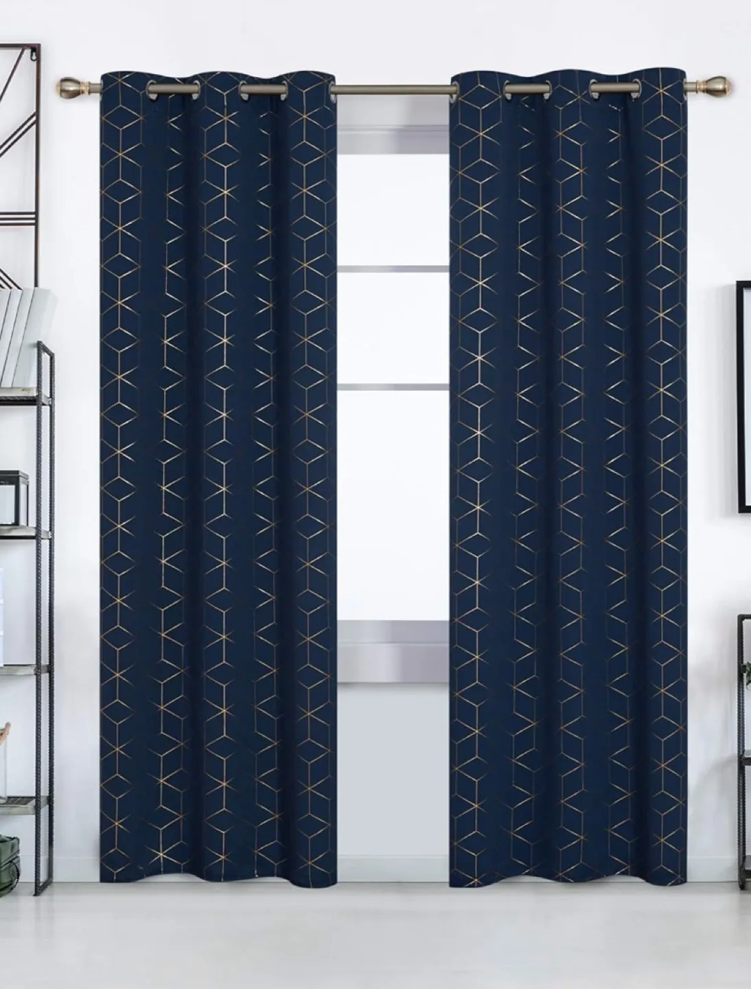 4 Navy Blue and Gold Geometric Curtains thumbnail