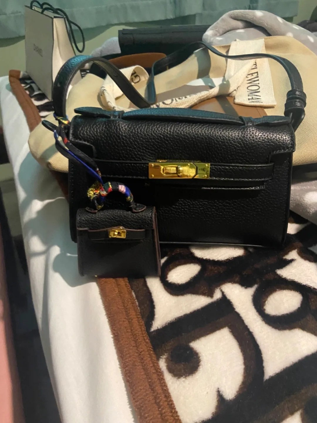 Inspired Black Leather Mini Kelly Bag with Keychain thumbnail