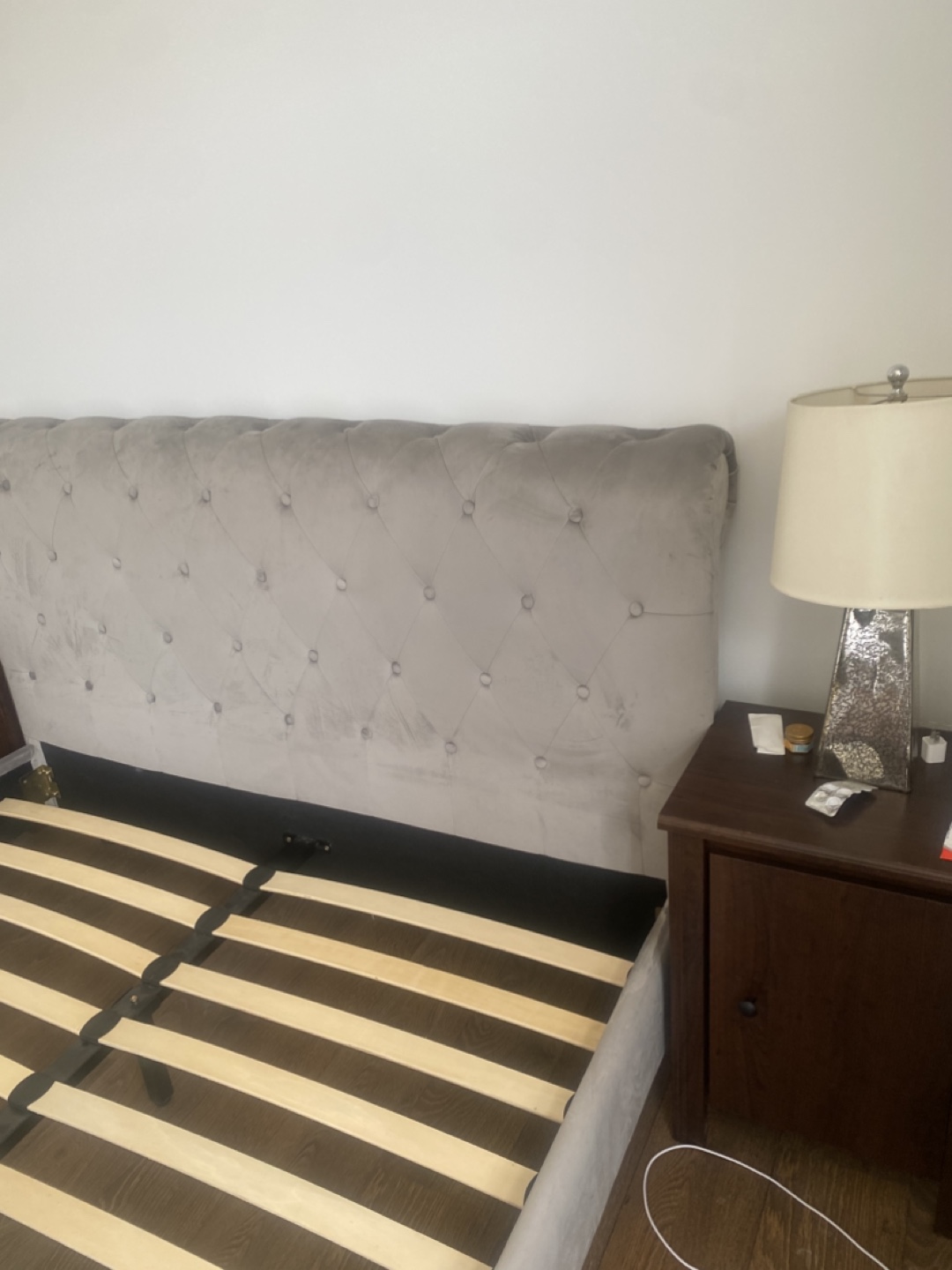 Grey Velvet Queen Sleigh Bed Frame with Slats - photo 3