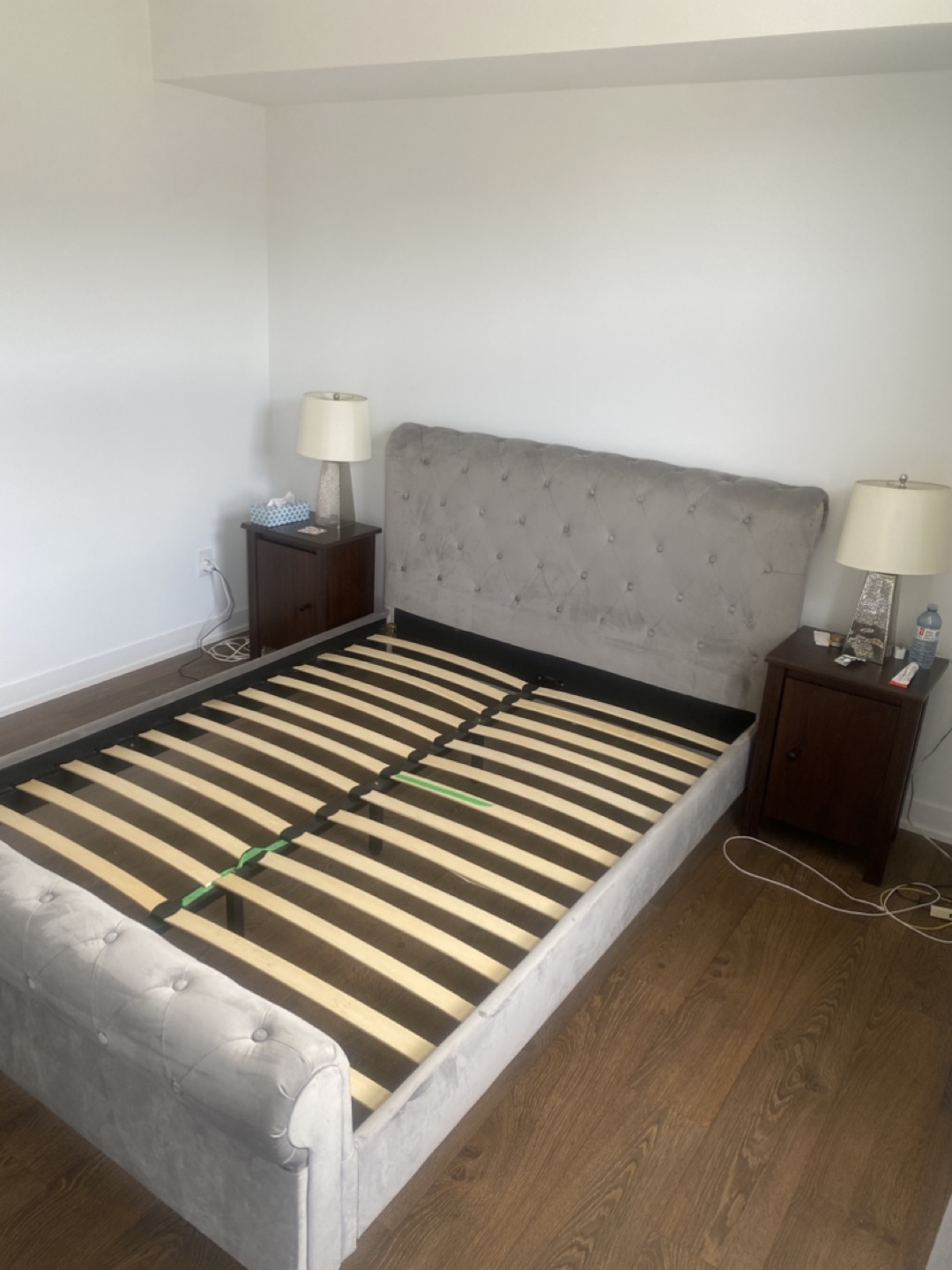 Grey Velvet Queen Sleigh Bed Frame with Slats - photo 2