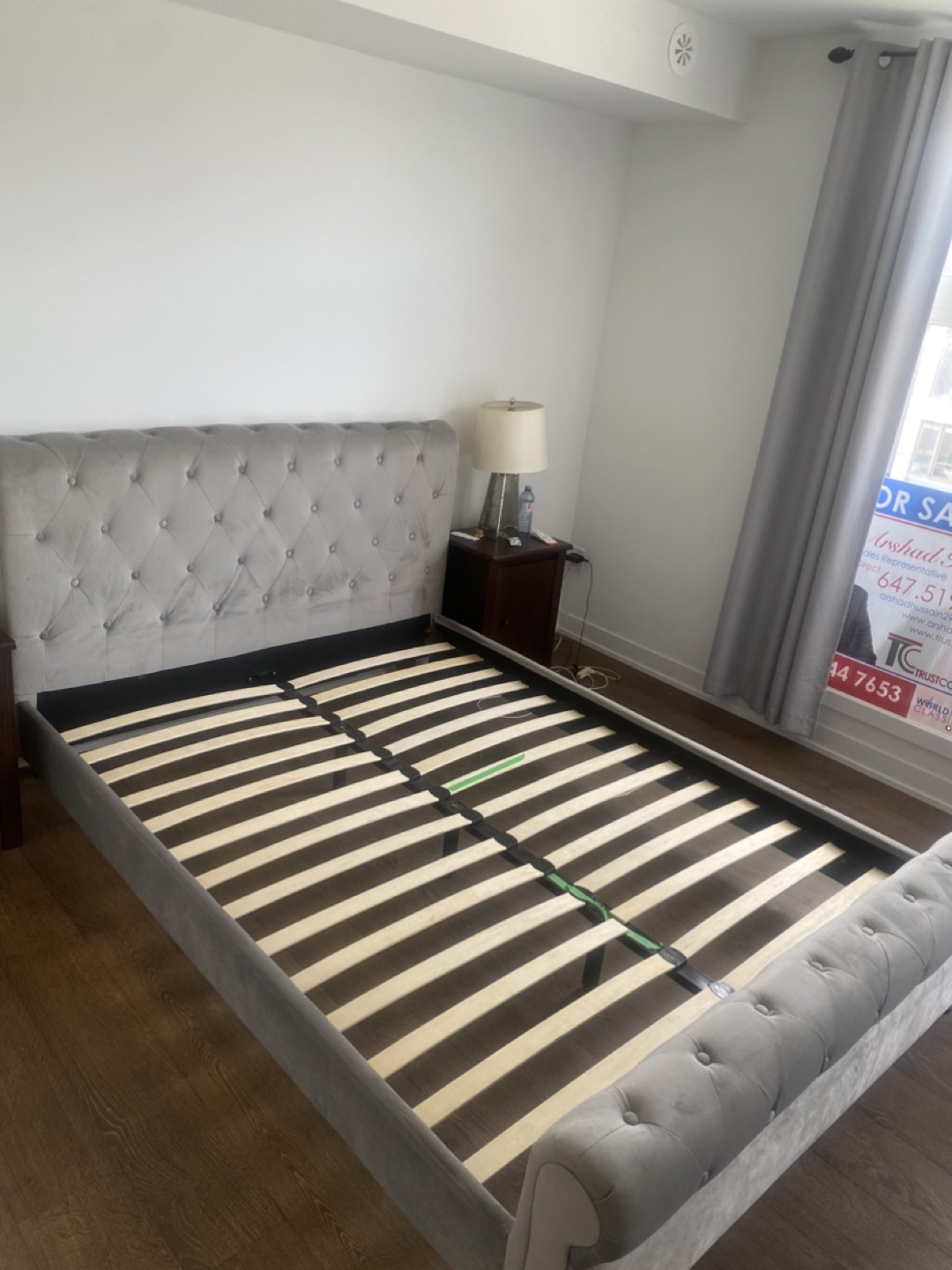 Grey Velvet Queen Sleigh Bed Frame with Slats