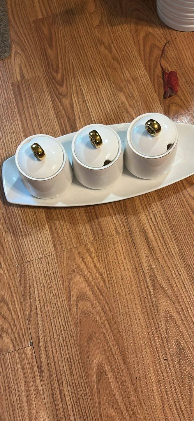 Three-Piece White Ceramic Condiment Set with Gold Accents thumbnail