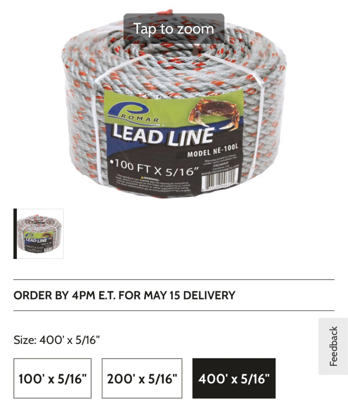 Romar Lead Line 400ft x 5/16 inch thumbnail