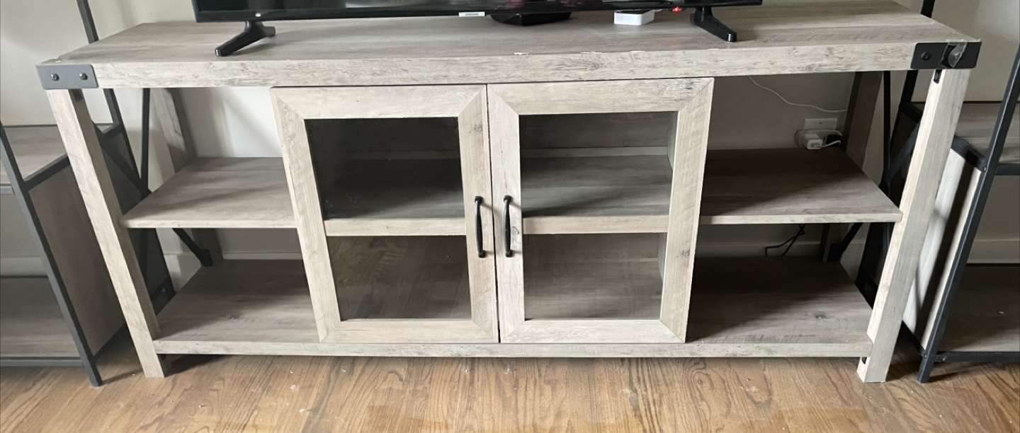 Grey Wood TV Stand with Glass Doors