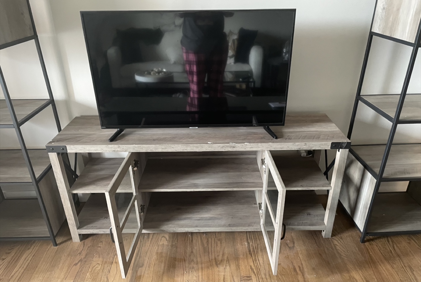 Grey Wood TV Stand with Glass Doors - photo 5